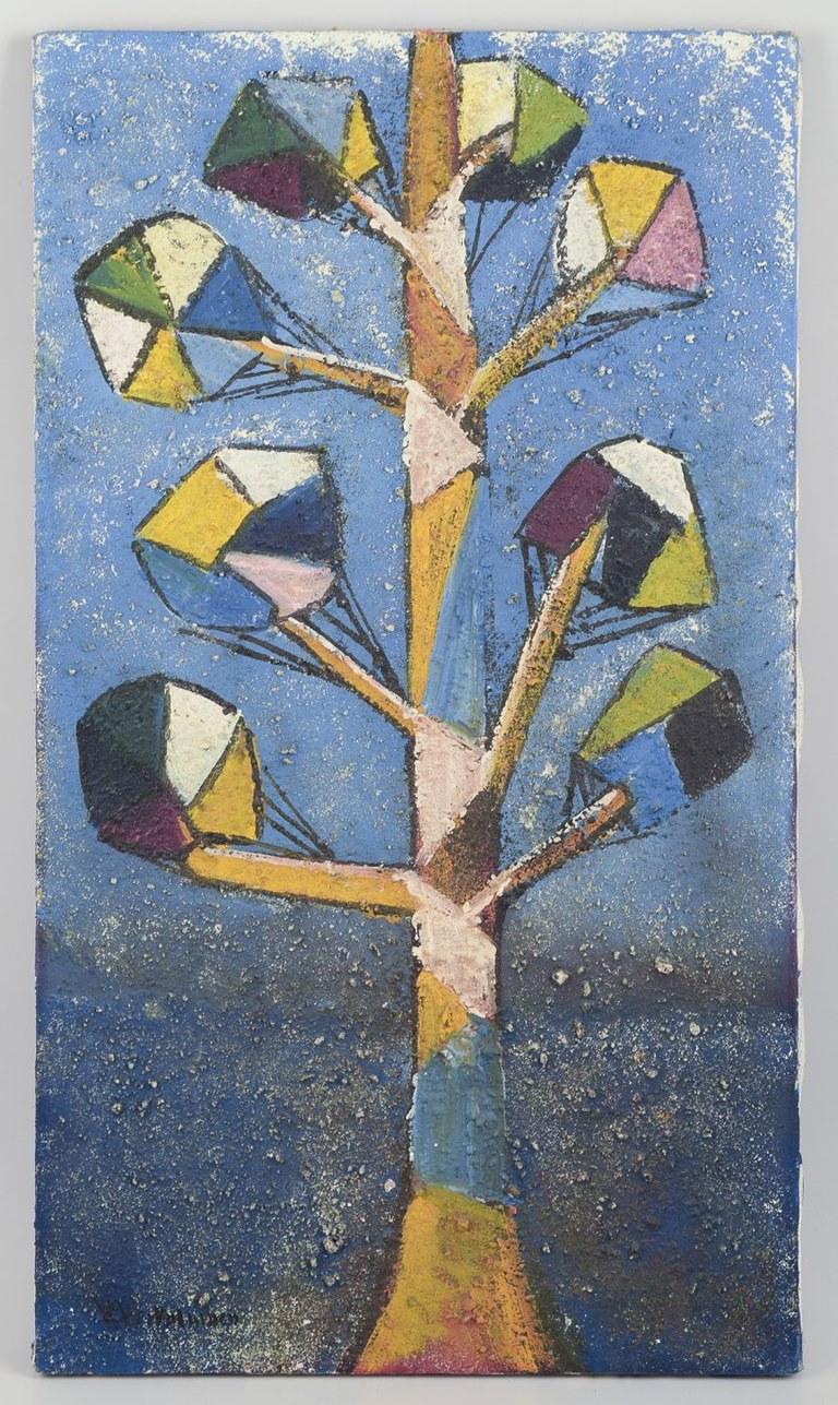 Pre-owned goods are exempt from import duties for U.S. customers. 
Therefore, no import tariffs will be applicable to your purchase.

Finnish artist, oil on canvas.
Motif of a tree in cubist style.
Impasto strokes.
Circa 1960s.
Indistinctly