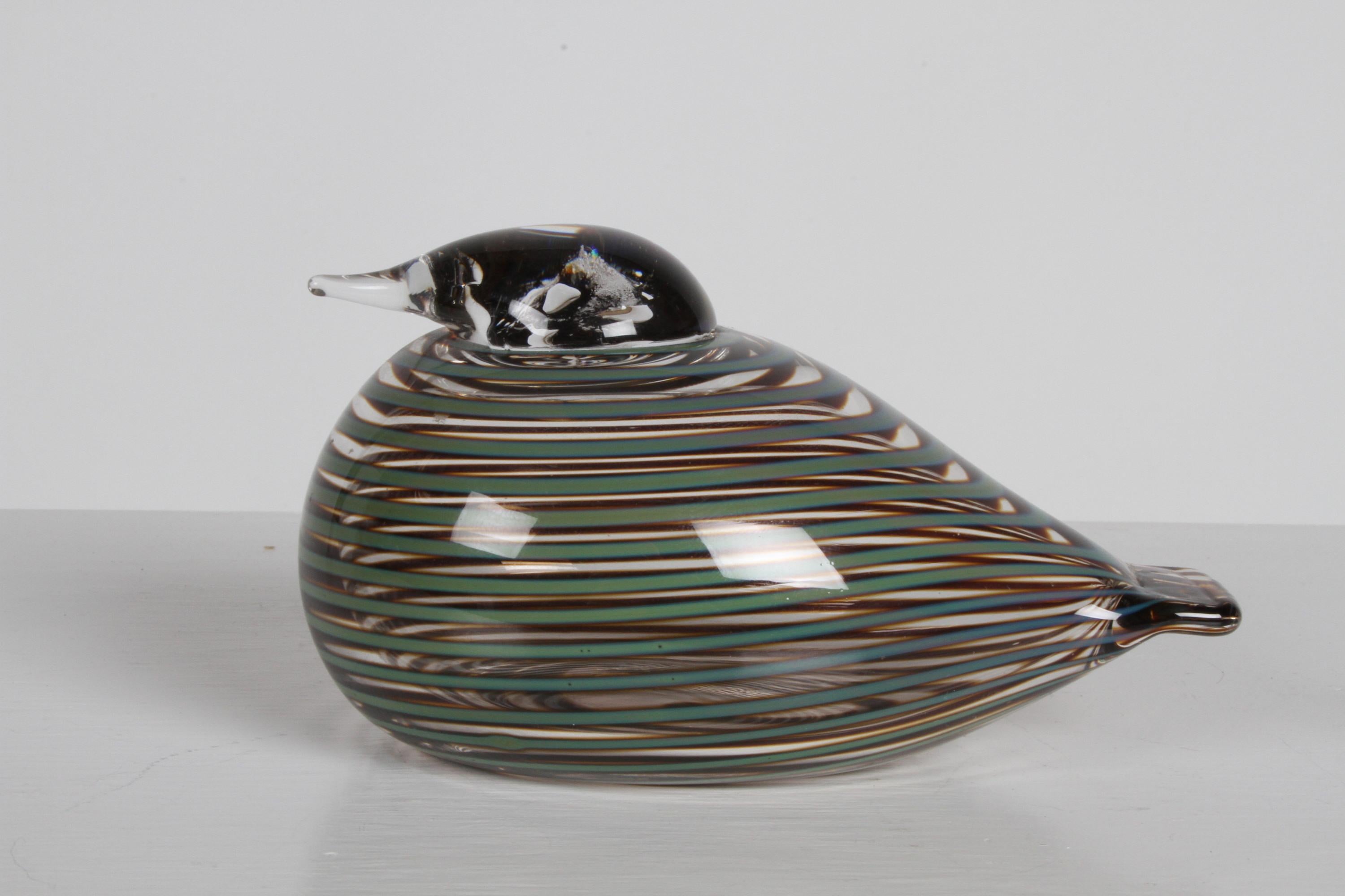 Blown Glass Finnish Artist Oiva Toikka Striped Glass Whippoorwill or Willow Duck by Iittala For Sale