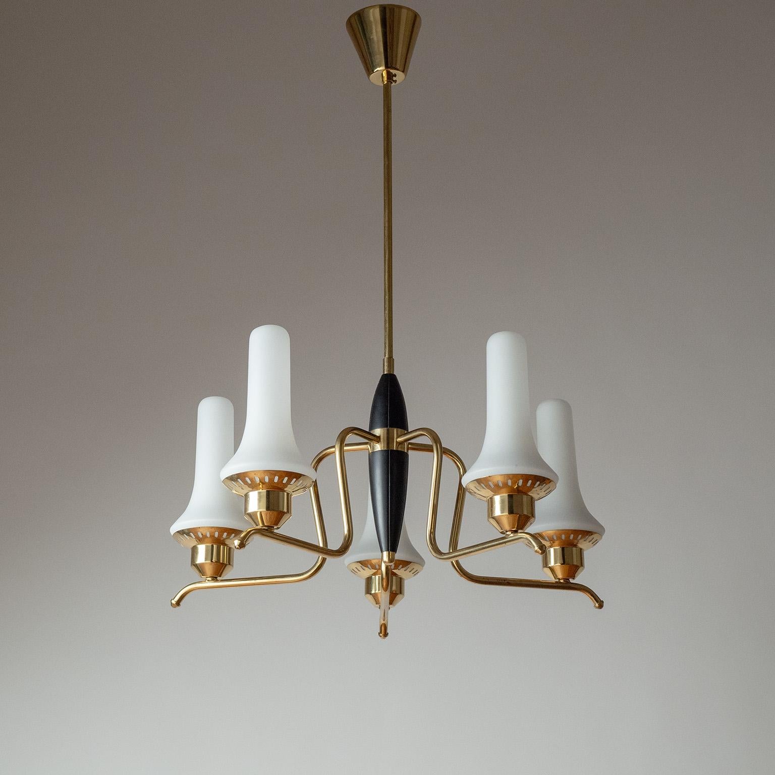 Raffinato lampadario finlandese in ottone e vetro degli anni '50. Struttura in ottone lucido con centro in legno verniciato nero e grandi coperchi perforati per contenere i diffusori in vetro satinato dalla forma insolita. Condizioni originali molto