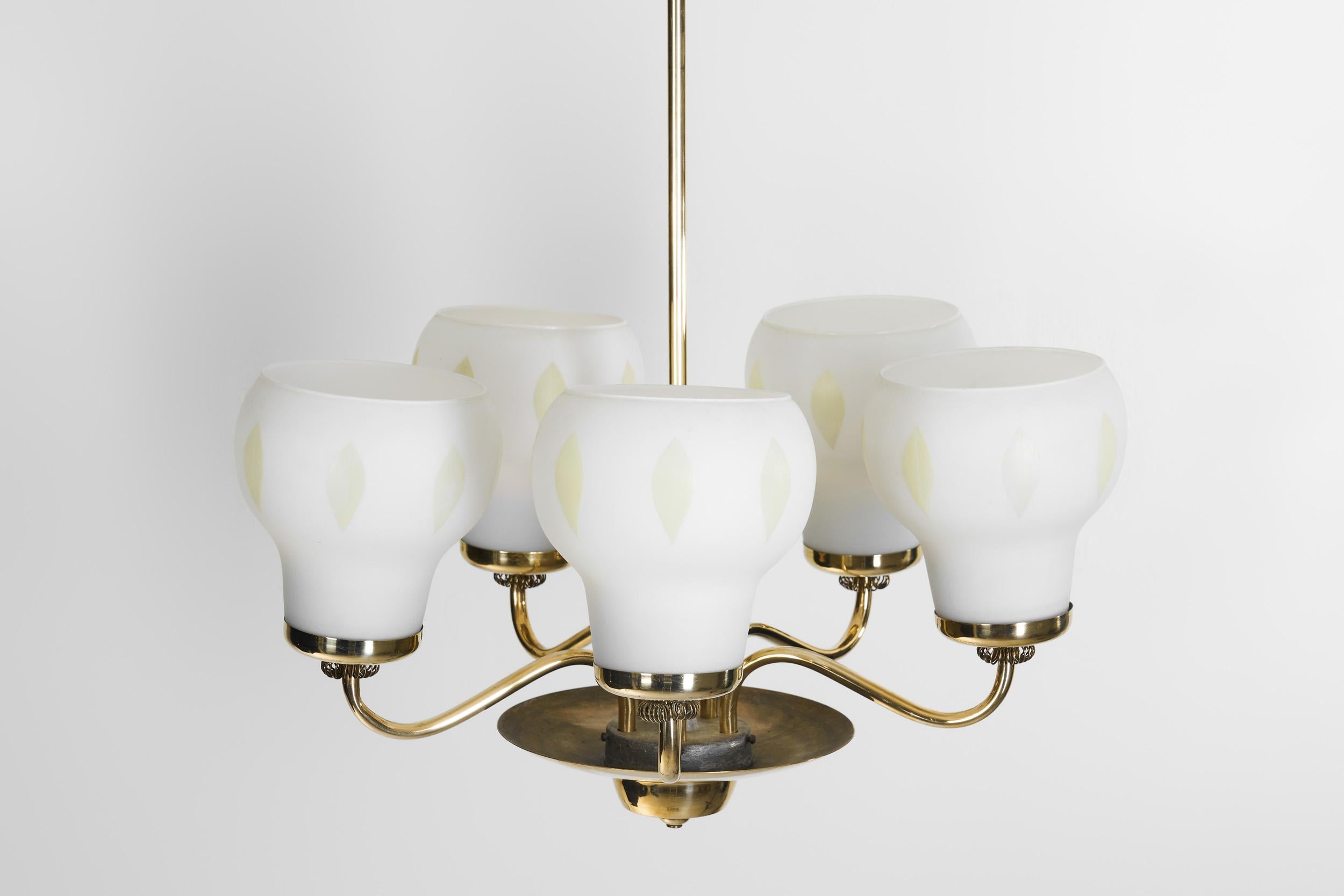 Finnish Brass and Opal Glass Chandelier by Saariston Valaisin, Finland ca 1950s For Sale 3