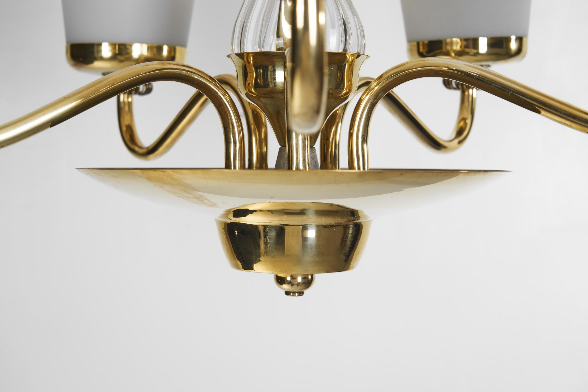 Finnish Brass and Opal Glass Chandelier by Saariston Valaisin, Finland ca 1950s For Sale 9