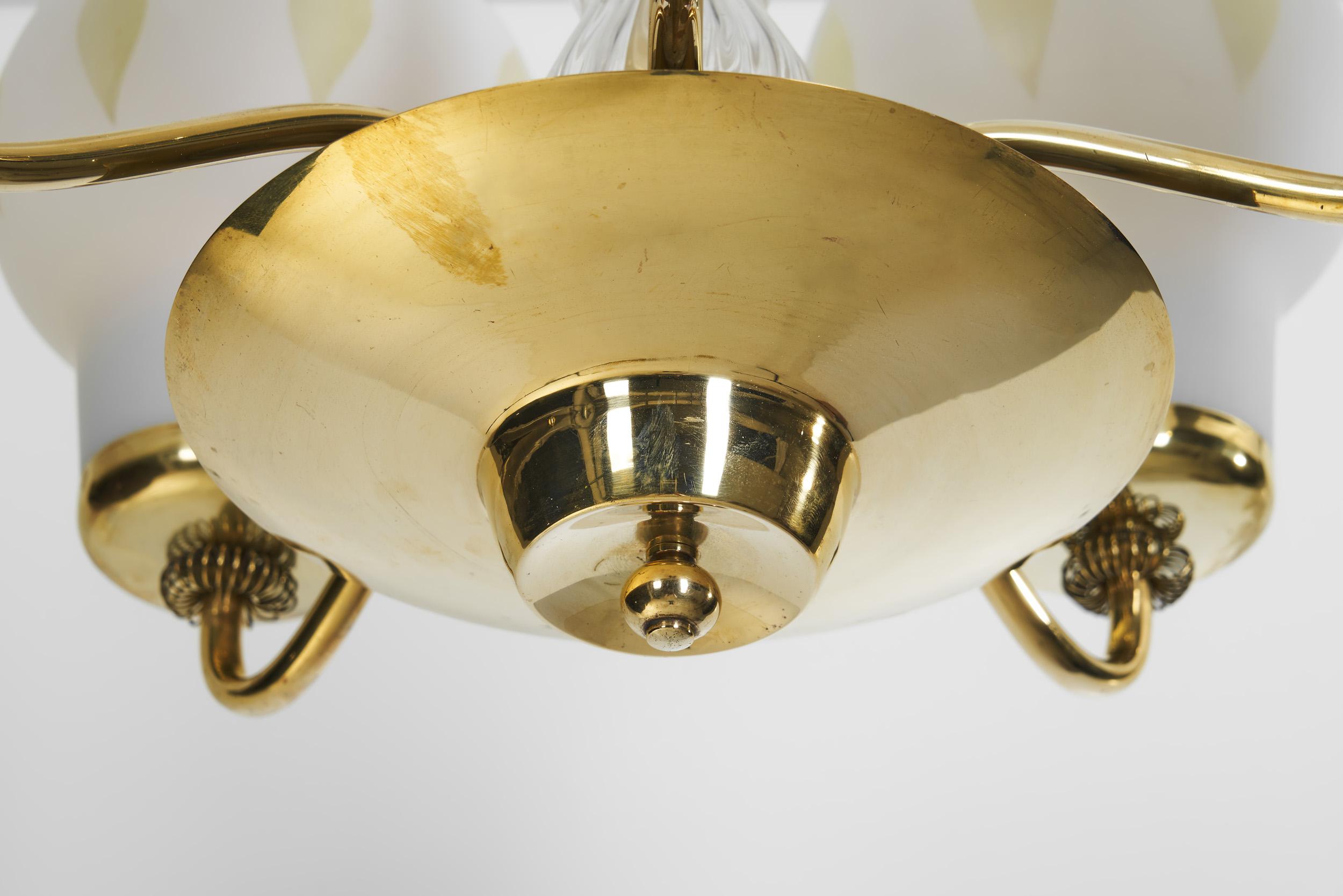 Finnish Brass and Opal Glass Chandelier by Saariston Valaisin, Finland ca 1950s For Sale 11