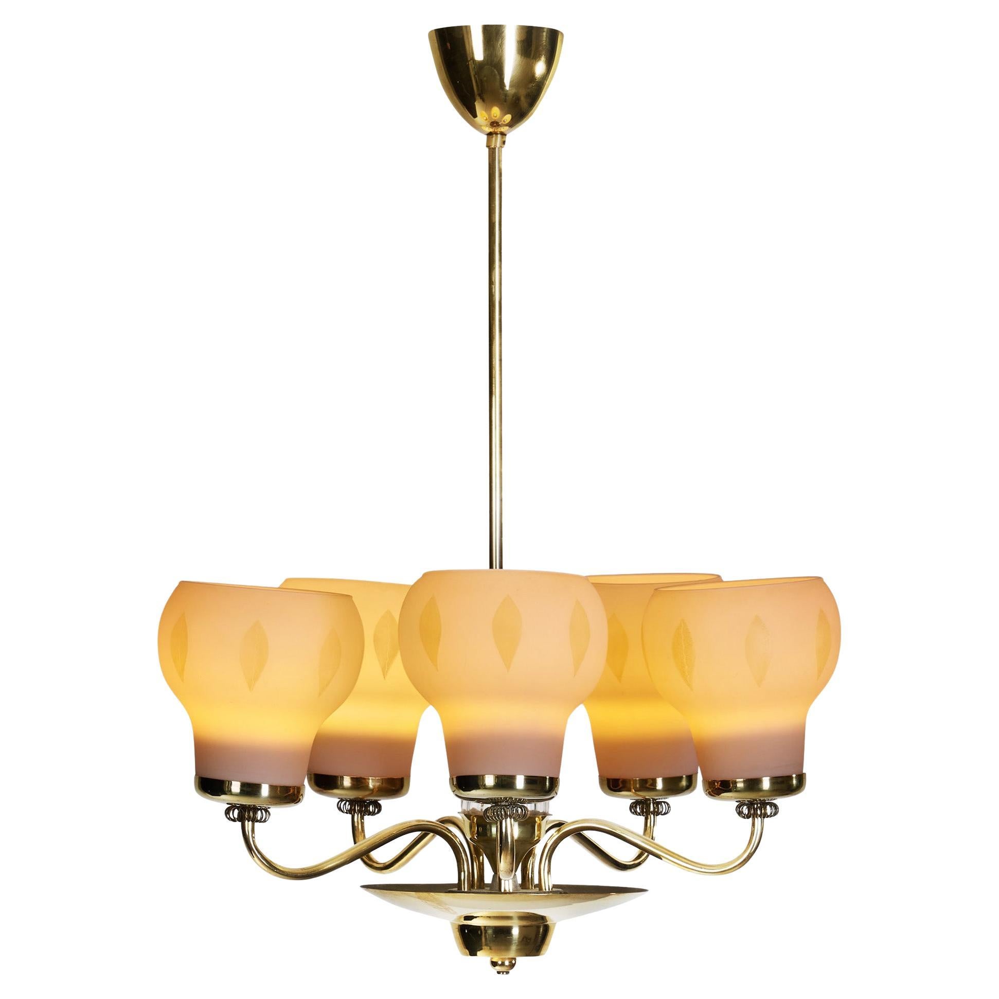 Finnish Brass and Opal Glass Chandelier by Saariston Valaisin, Finland ca 1950s For Sale