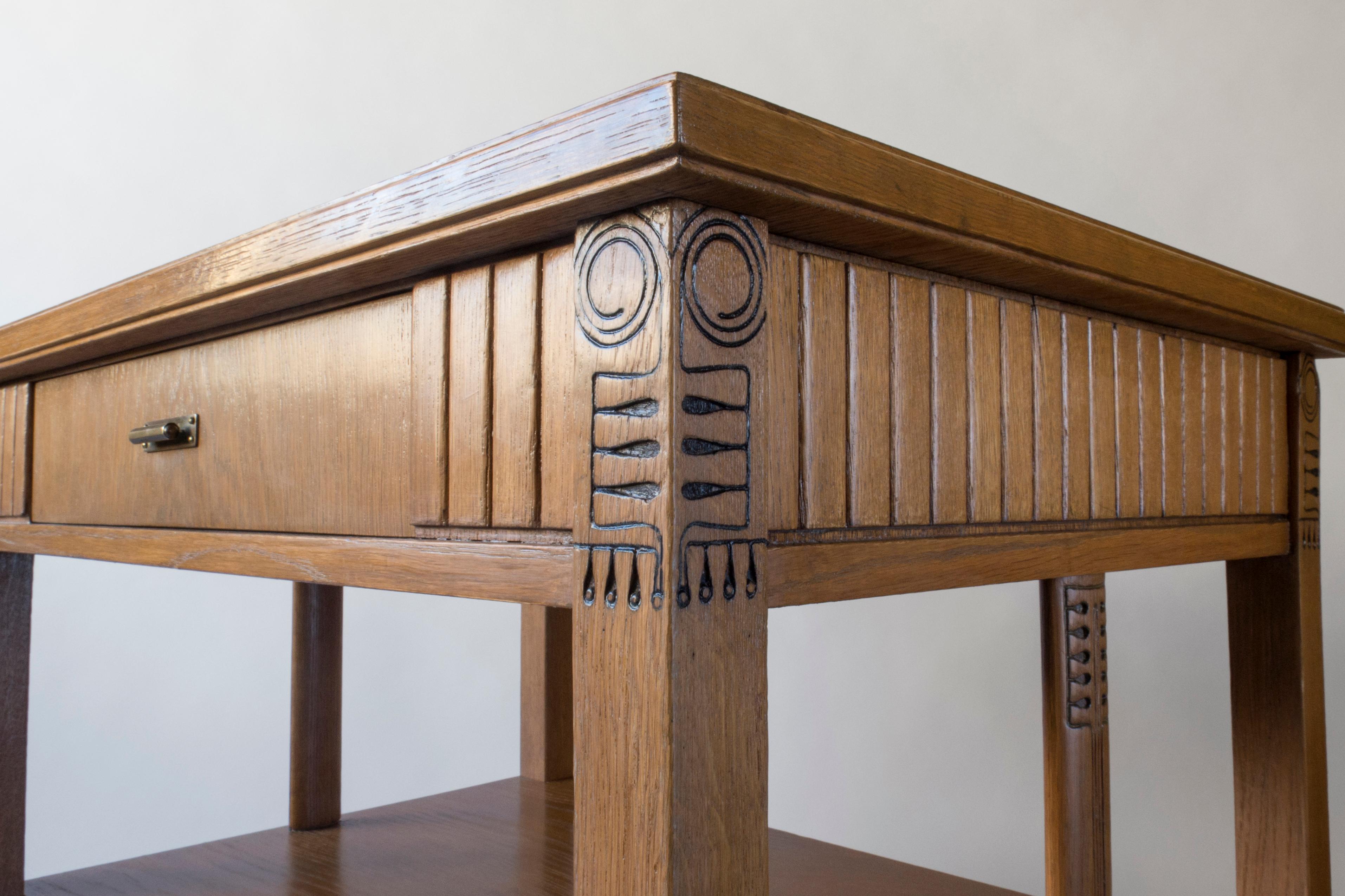 Brass Manner of Eliel Saarinen, Finnish Carved Oak Two-Tier Jugend Sideboard or Table