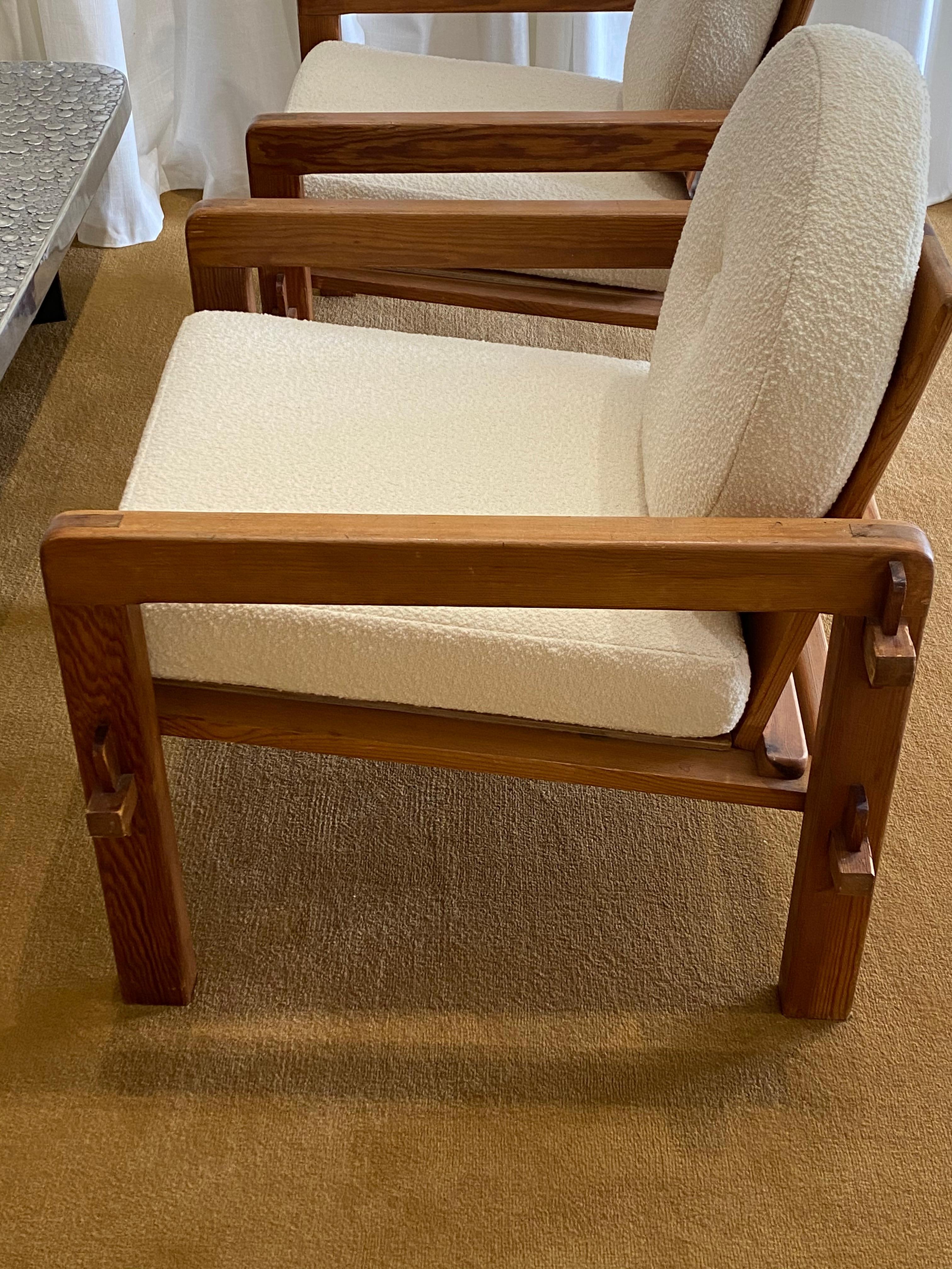 Mid-Century Modern Finnish Cabinetmaker, Lounge Chairs, Solid Pine, Fabric, Helsinki, Finland 1960s