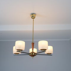 Finnish Design Chandelier in Brass, Teak and Glass, Finland 1970s