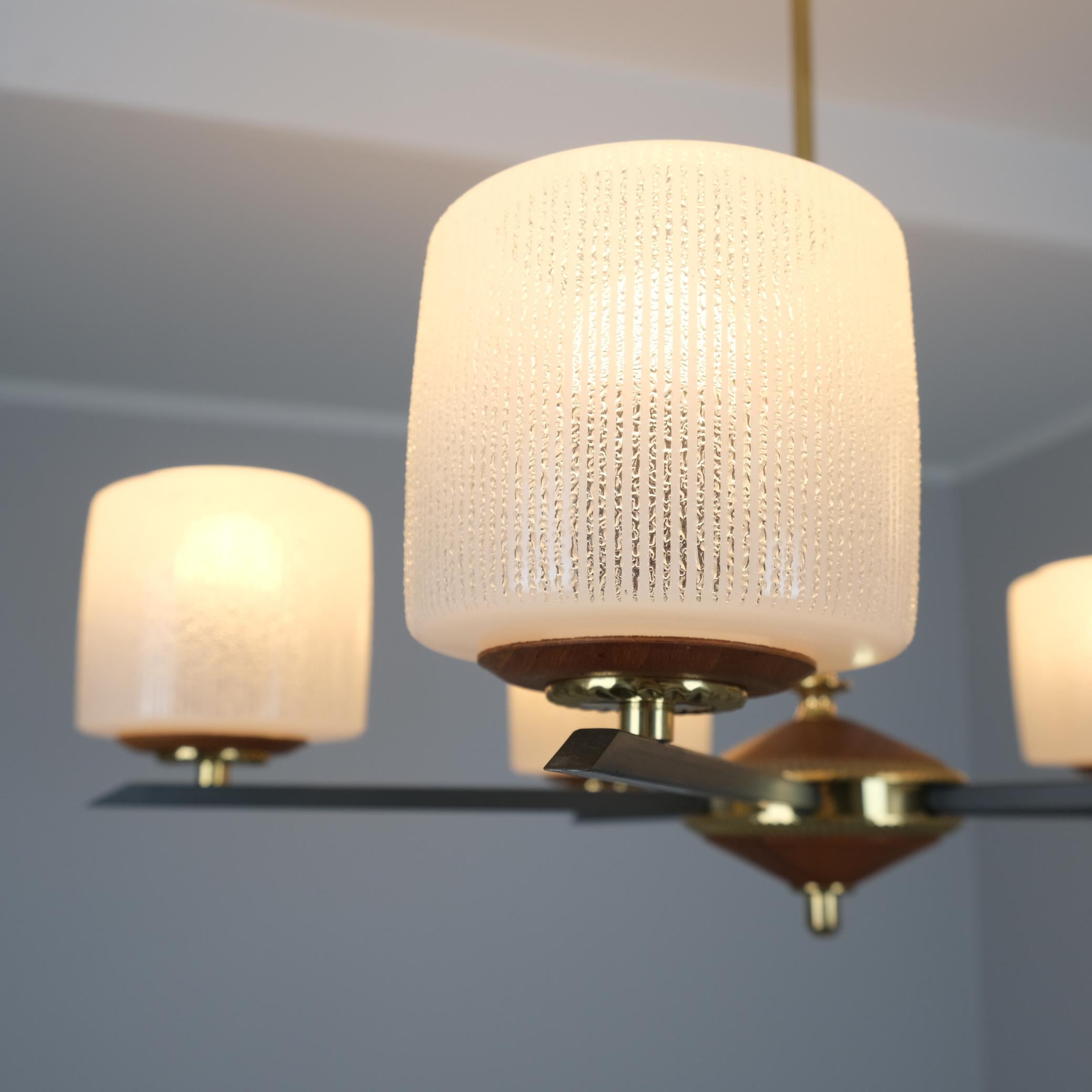 Late 20th Century Finnish Design Chandelier in Brass, Teak and Glass, Finland 1970s For Sale