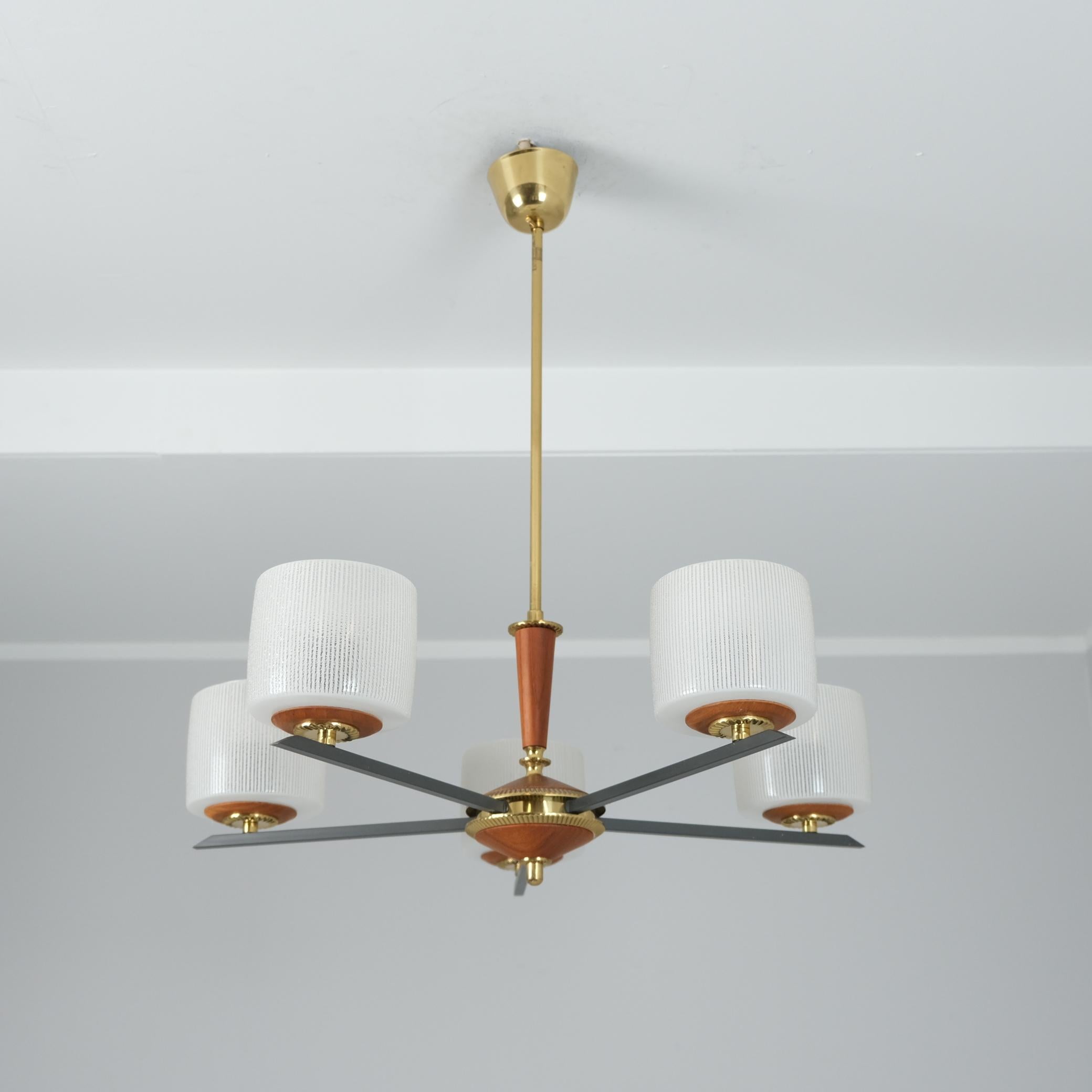 Finnish Design Chandelier in Brass, Teak and Glass, Finland 1970s For Sale 2