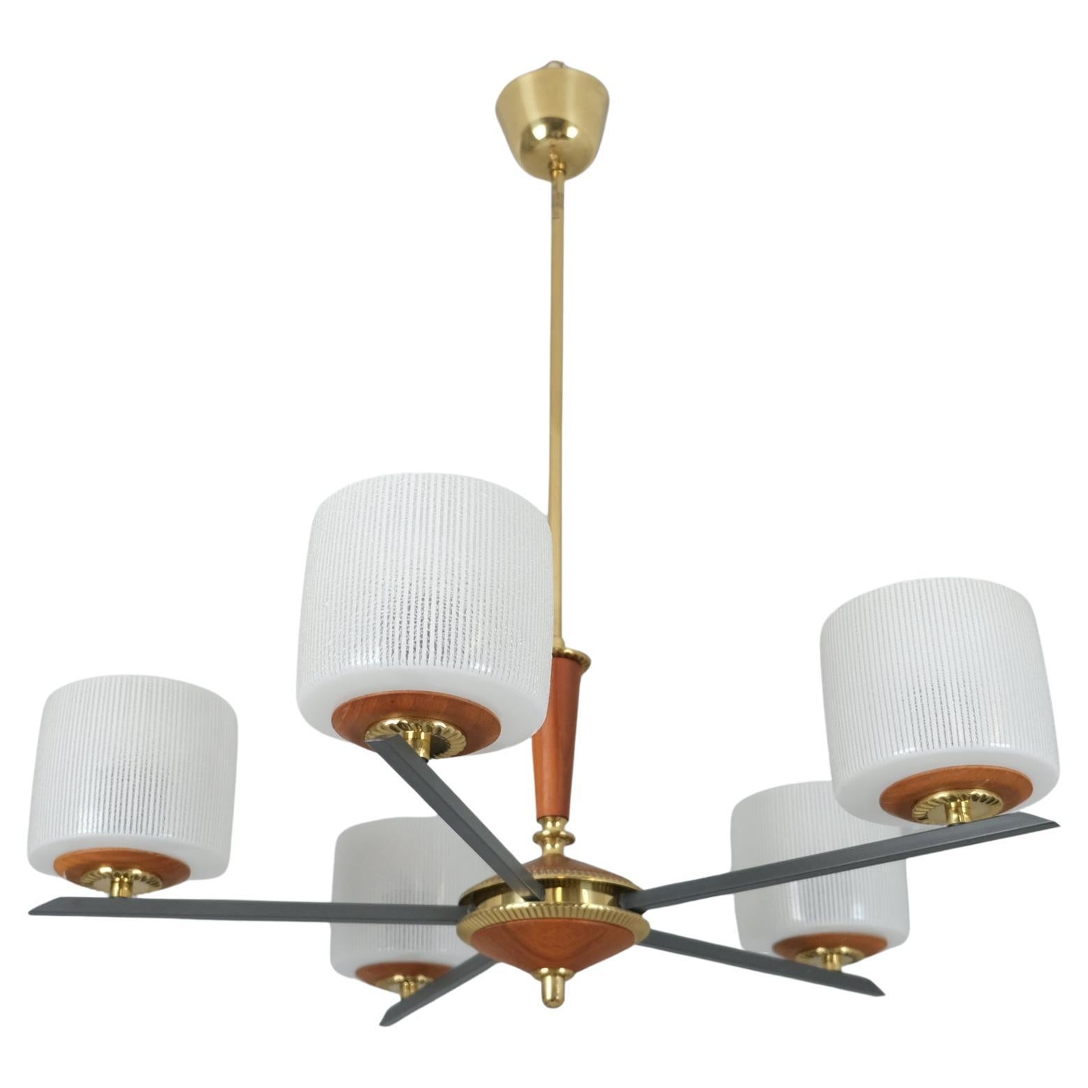 Finnish Design Chandelier in Brass, Teak and Glass, Finland 1970s For Sale
