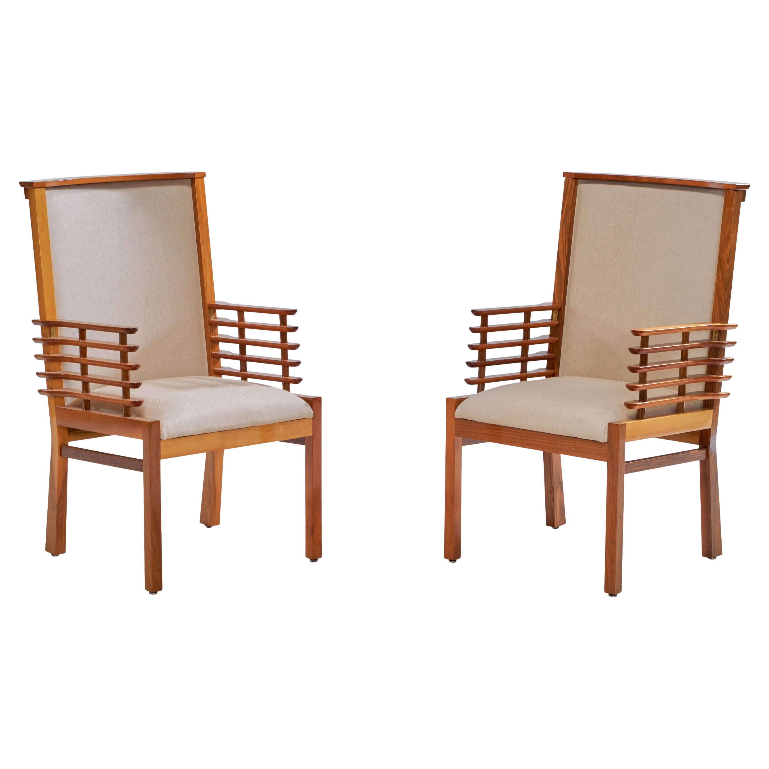 Finnish Designer, Armchairs, Walnut, Fabric, Finland, 1950s For Sale