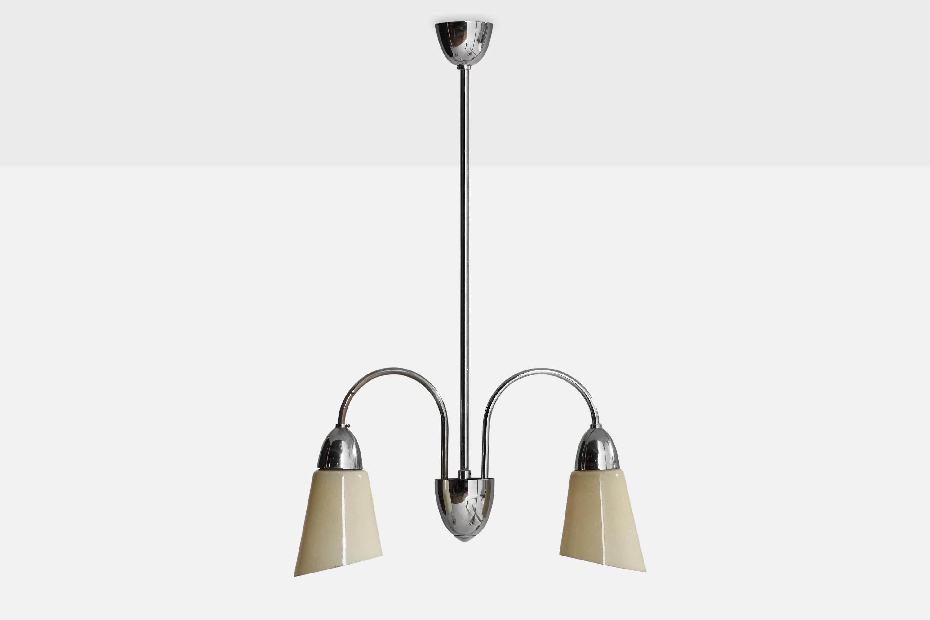 A chrome-metal and off-white opaline glass chandelier designed and produced in Finland, 1940s.

Dimensions of canopy (inches): 2.25” H x 3”  Diameter
Socket takes standard E-26 bulbs. 2 sockets.There is no maximum wattage stated on the fixture. All