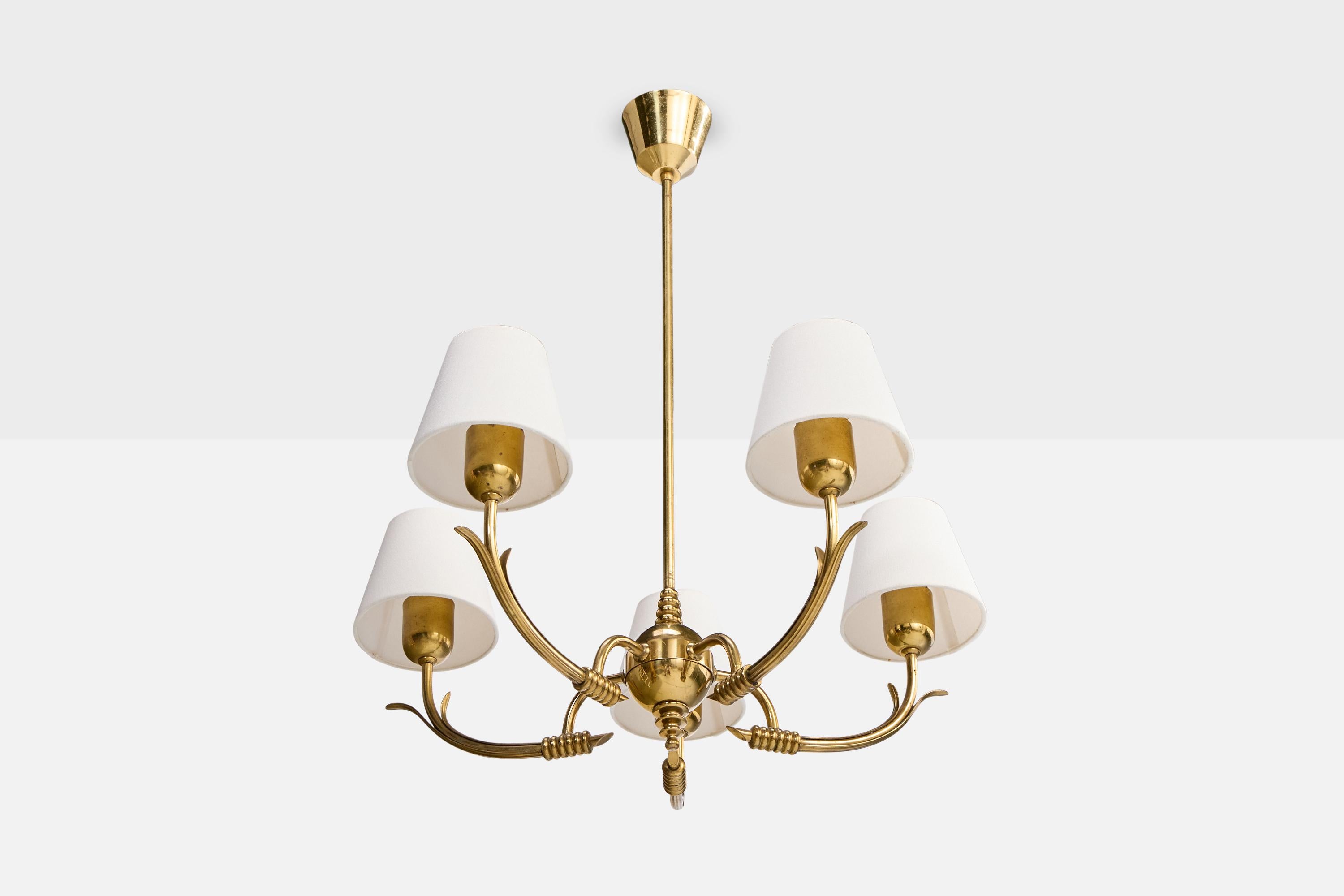 A brass and white fabric chandelier designed and produced in Finland, c. 1950s.

Overall Dimensions (inches): 28.0