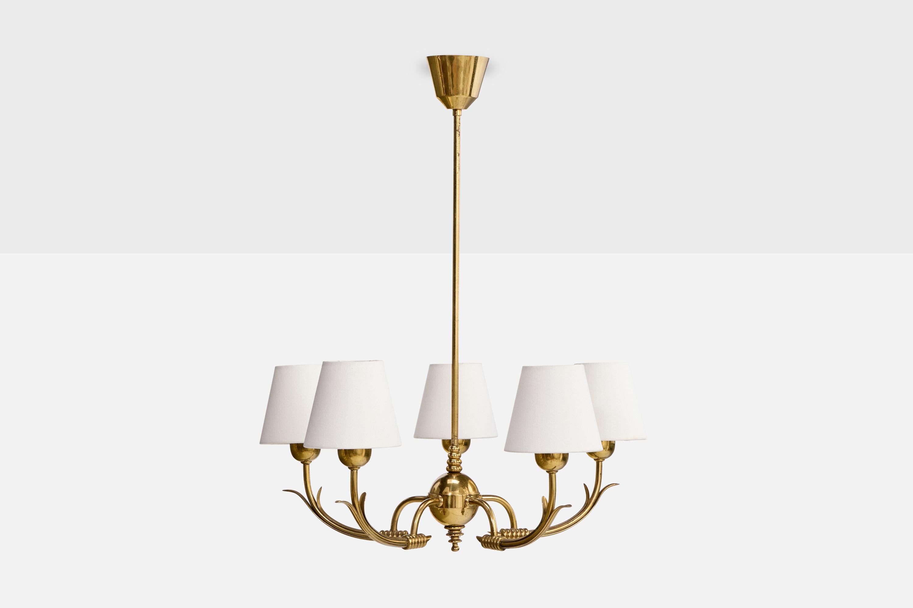 Mid-Century Modern Finnish Designer, Chandelier, Brass, Fabric, Finland, 1950s For Sale