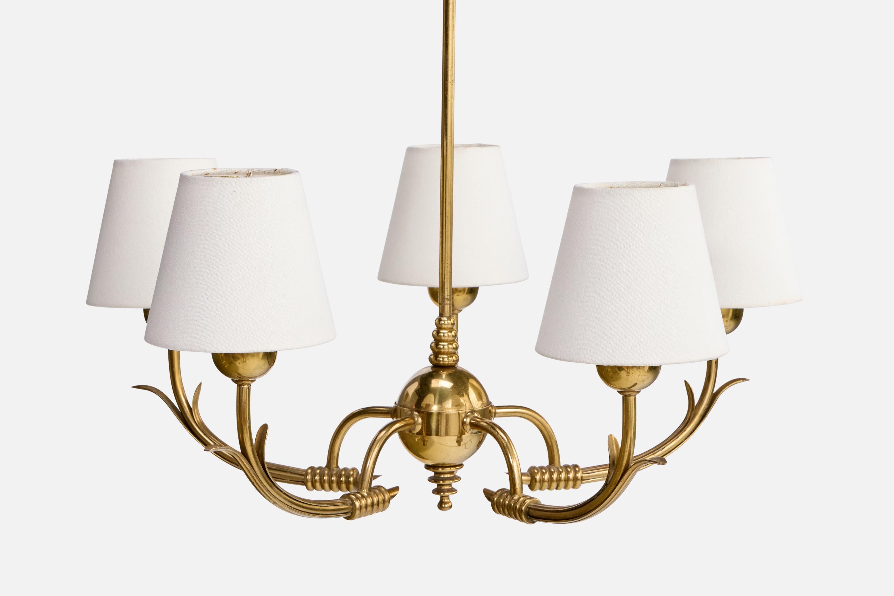Mid-20th Century Finnish Designer, Chandelier, Brass, Fabric, Finland, 1950s For Sale