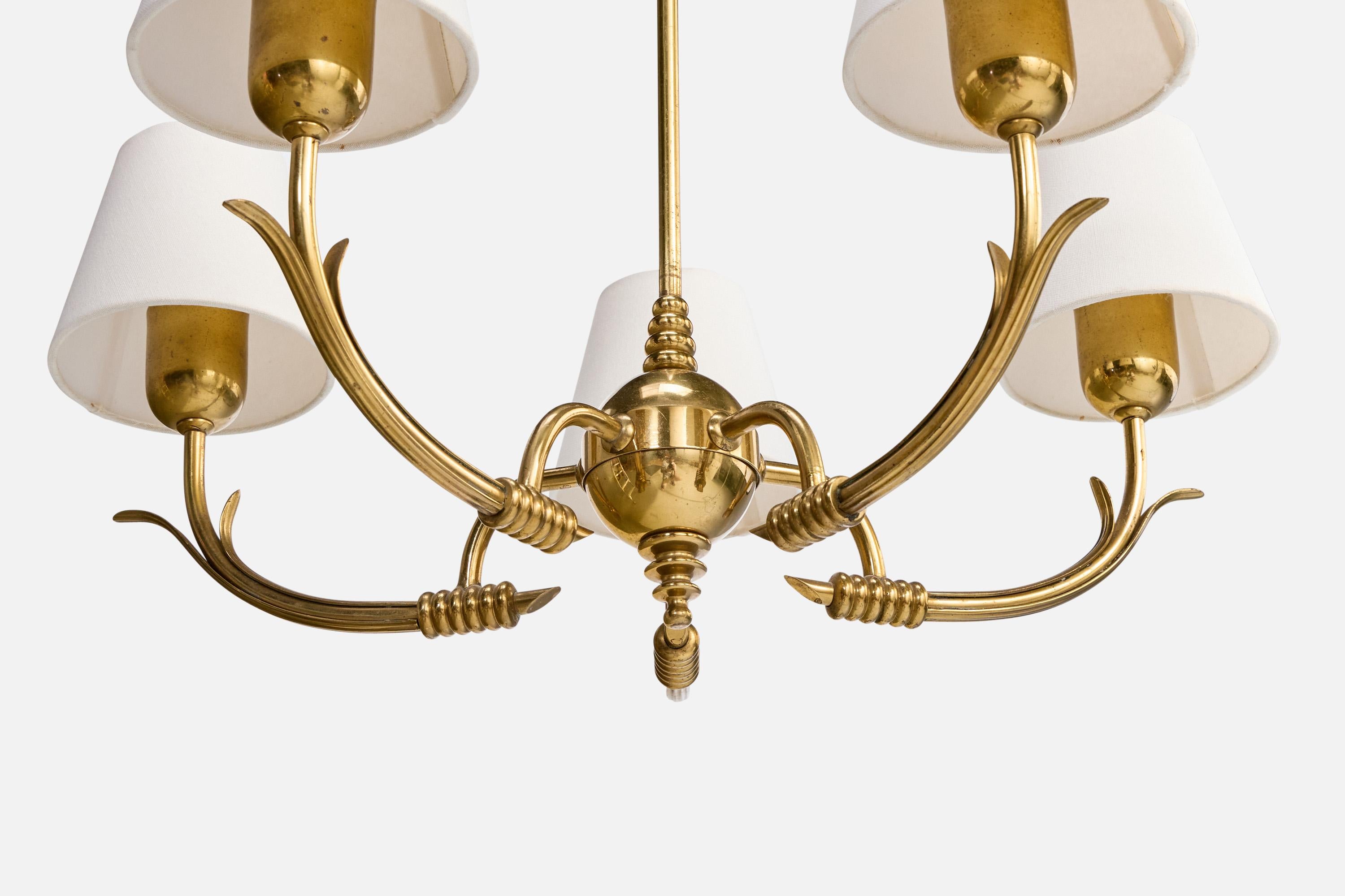 Finnish Designer, Chandelier, Brass, Fabric, Finland, 1950s For Sale 1