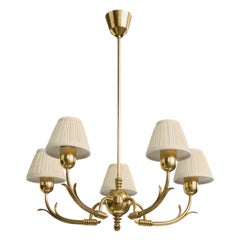 Finnischer Designer, Kronleuchter, Messing, Stoff, Finnland, 1950er Jahre