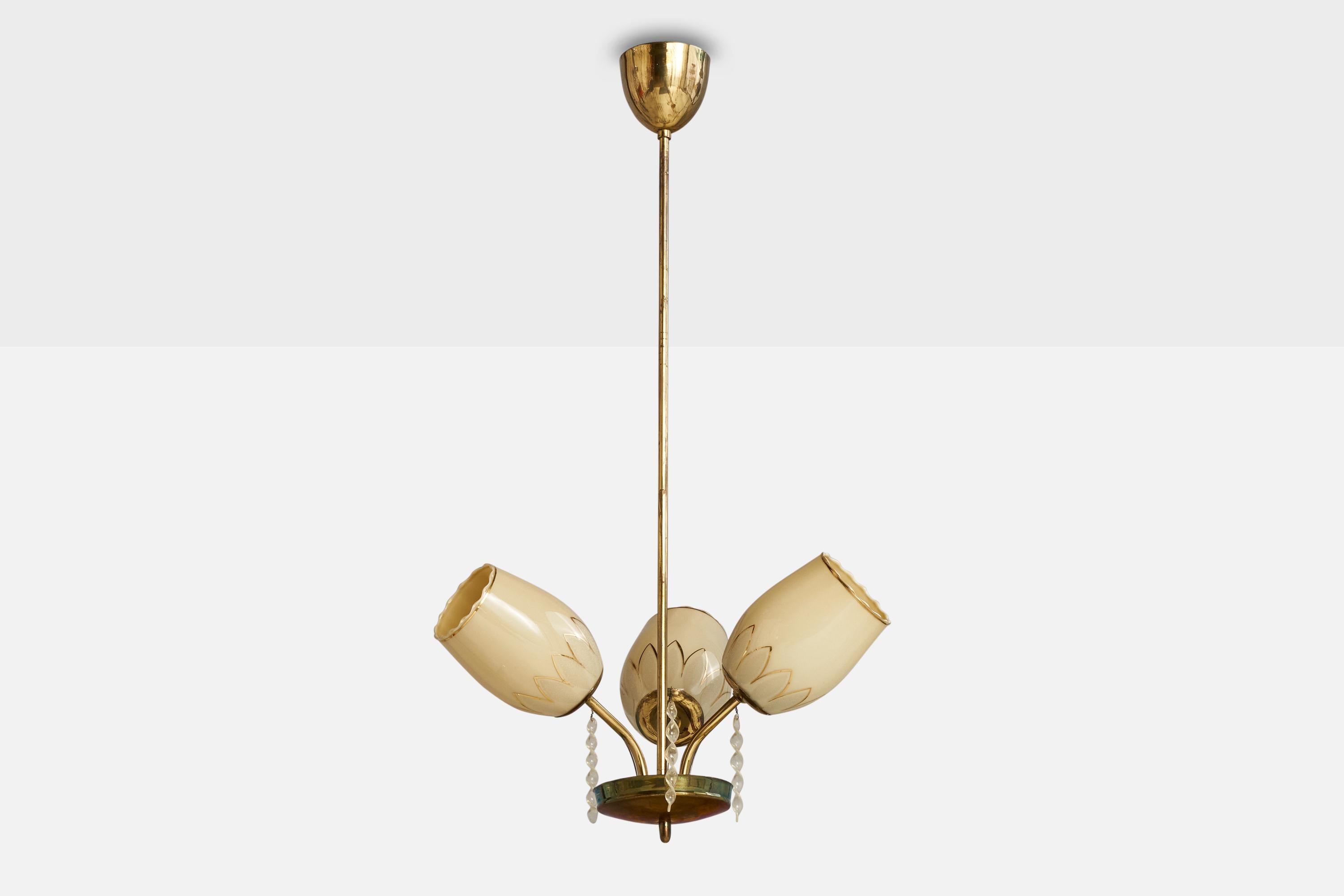 A brass, acrylic and gilded beige opaline glass designed and produced in Finland, 1940s.

Dimensions of canopy (inches): 3.25” H x 3.5”  Diameter
Socket takes standard E-26 bulbs. 3 sockets.There is no maximum wattage stated on the fixture. All