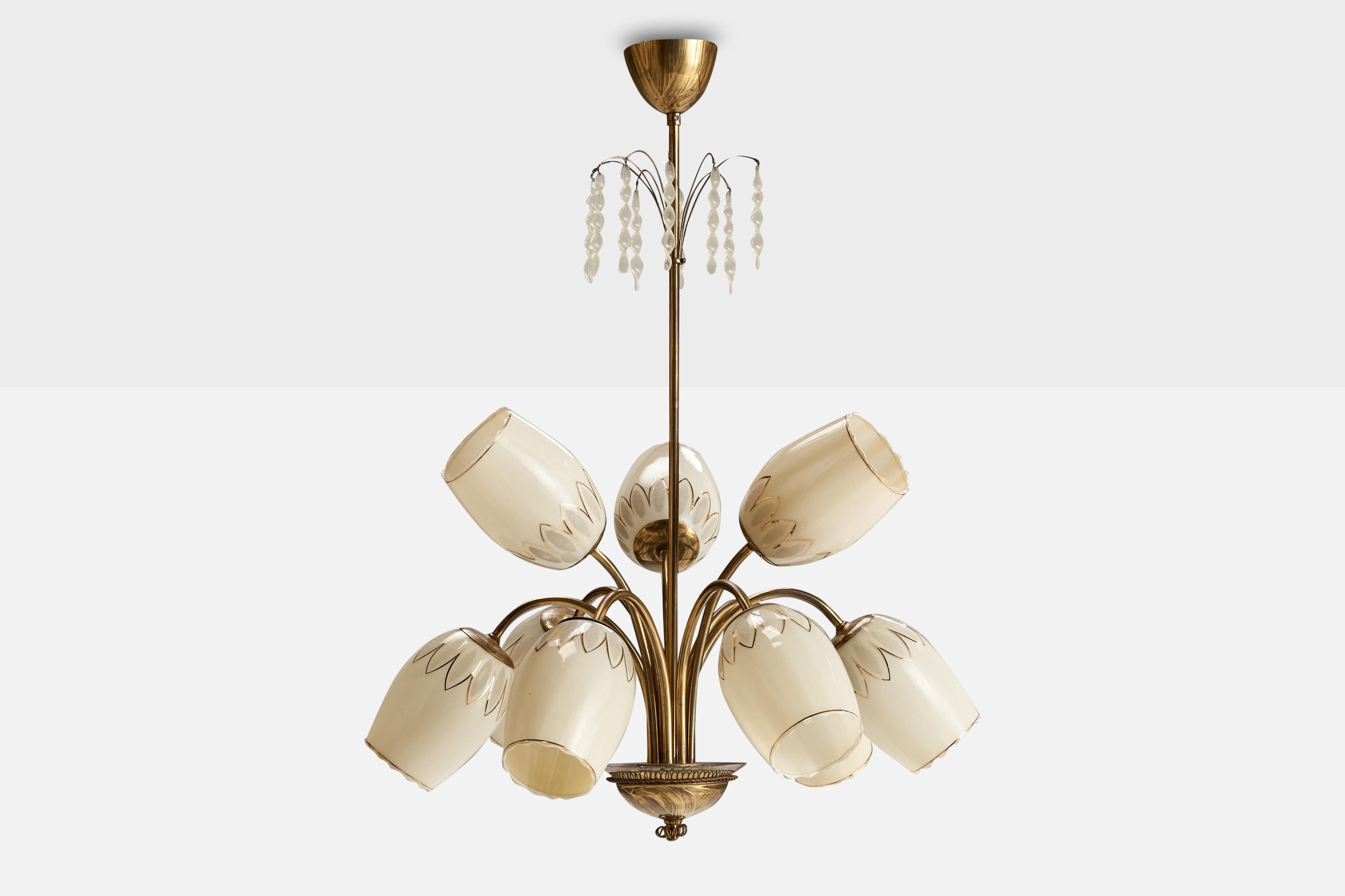 Scandinavo moderno Designer finlandese, lampadario, ottone, vetro, acrilico, Finlandia, anni '40 in vendita