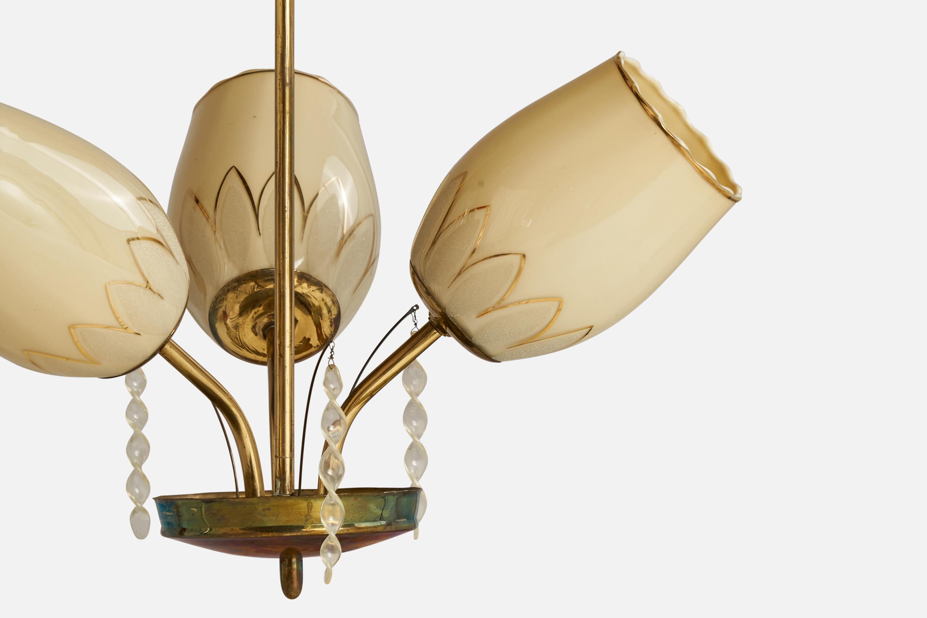 Finnish Designer, Chandelier, Brass, Glass, Acrylic, Finland, 1940s In Good Condition For Sale In High Point, NC