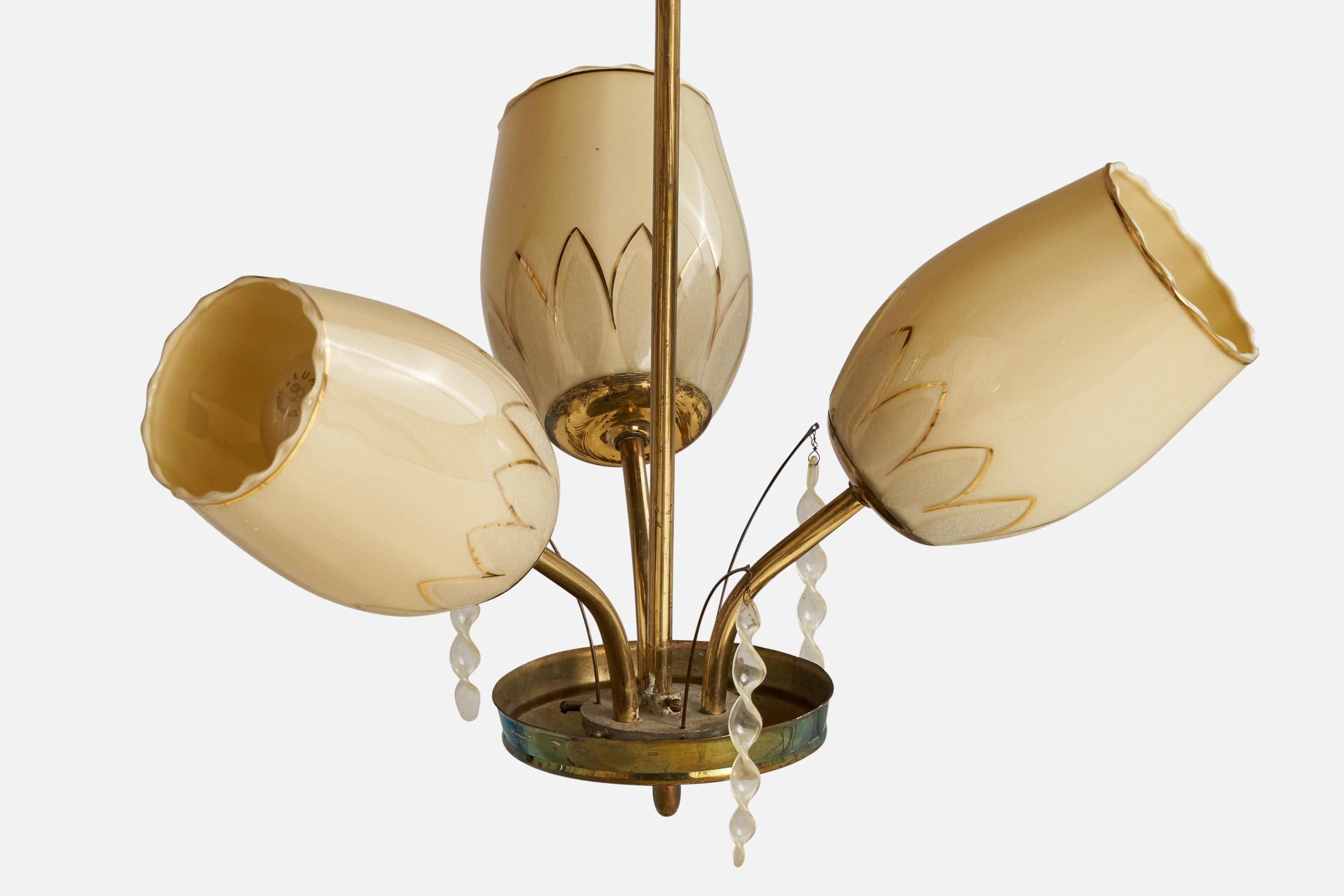 Mid-20th Century Finnish Designer, Chandelier, Brass, Glass, Acrylic, Finland, 1940s For Sale