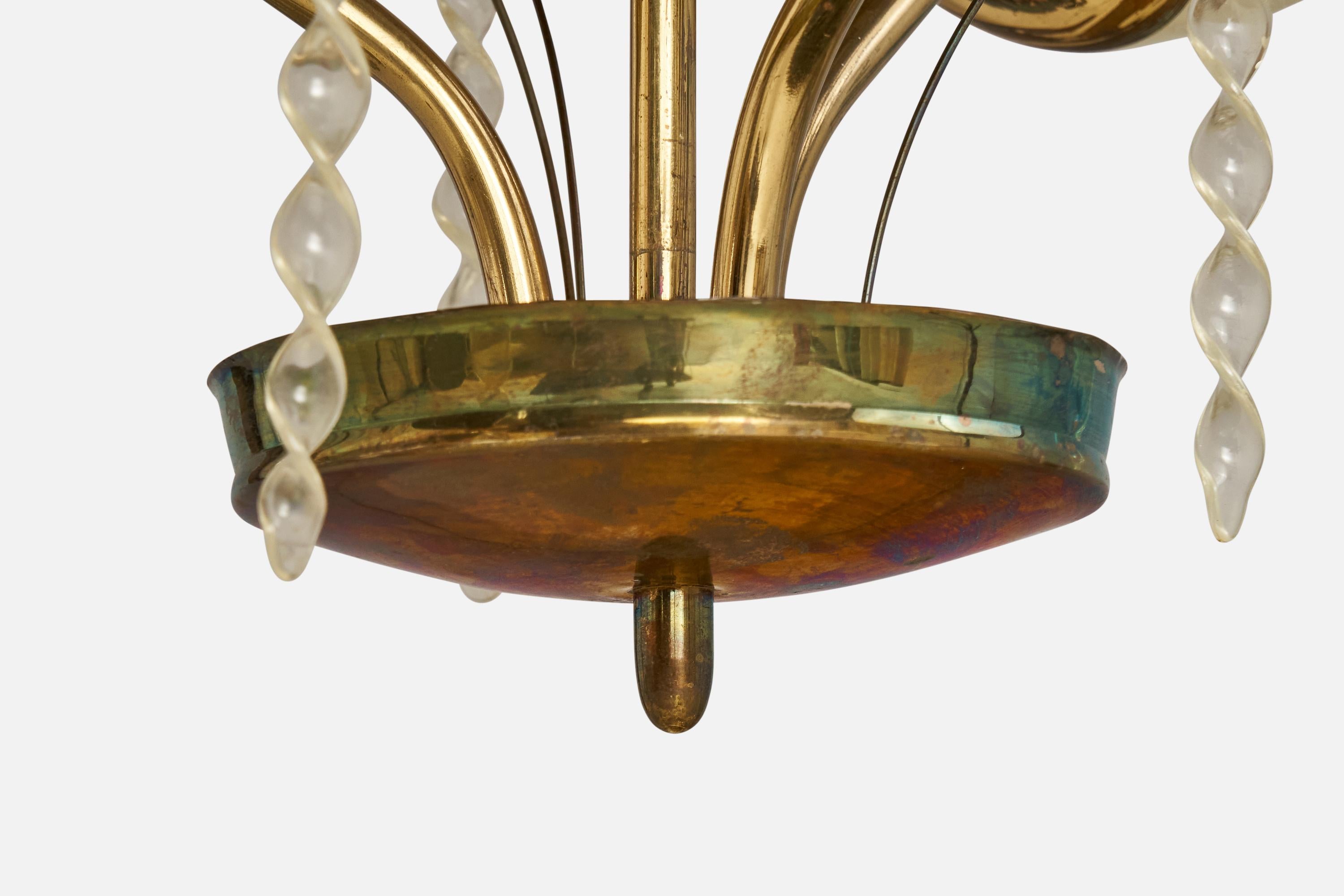 Finnish Designer, Chandelier, Brass, Glass, Acrylic, Finland, 1940s For Sale 2