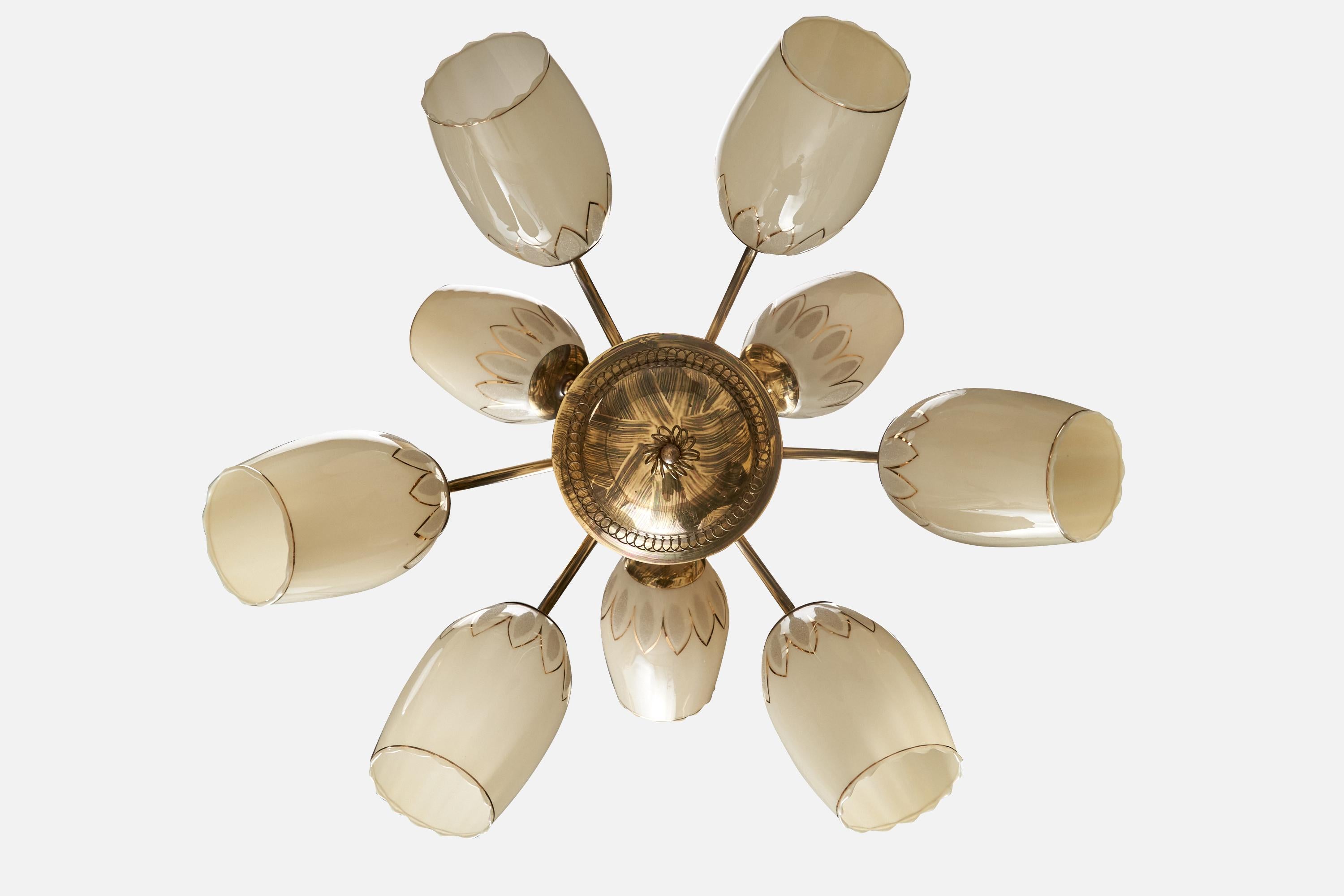Ottone Designer finlandese, lampadario, ottone, vetro, acrilico, Finlandia, anni '40 in vendita