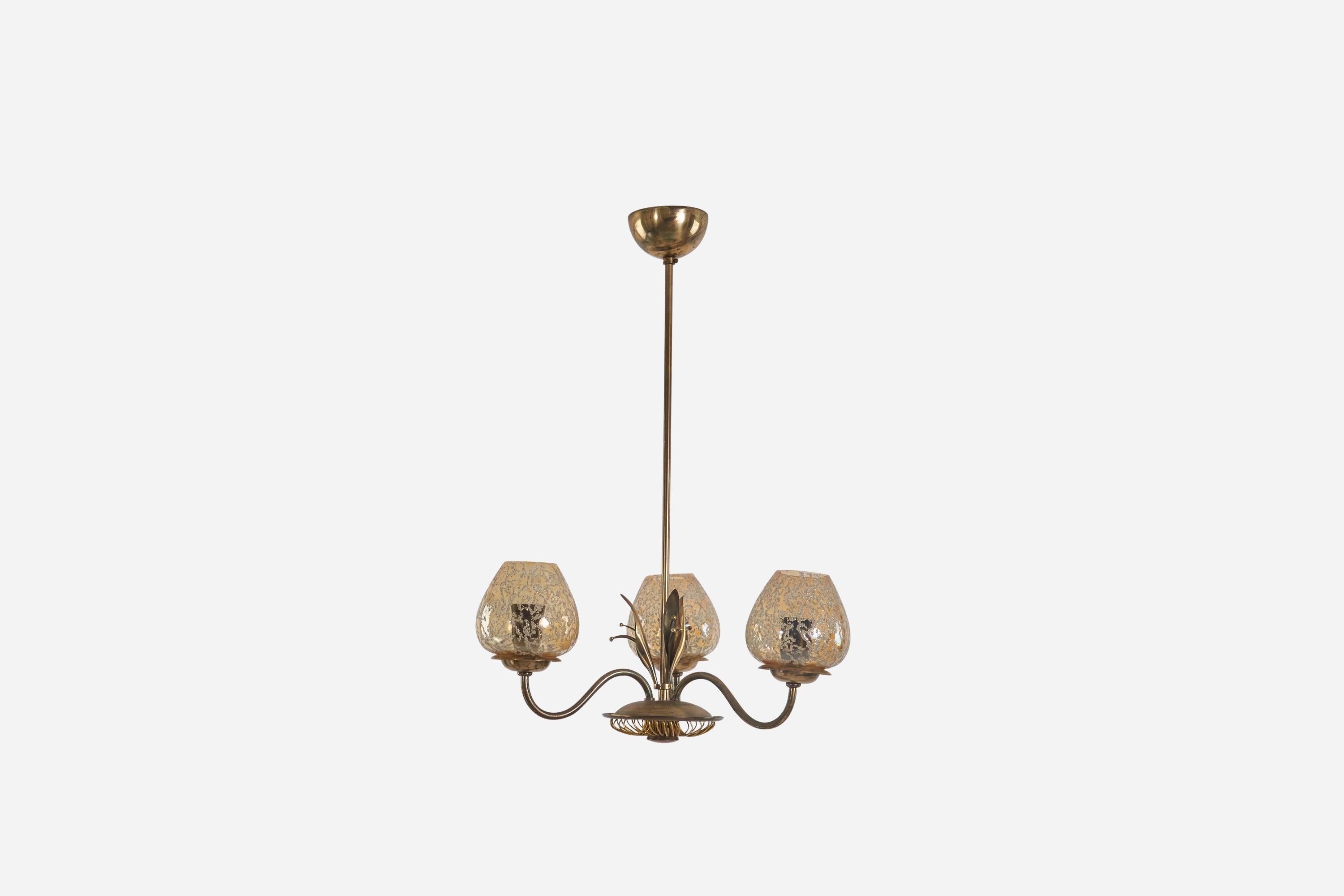 A brass and glass, three-armed chandelier designed and produced in Finland, 1940s. 

Dimensions of Canopy (inches) : 2.25 x 4 x 4 (Height x Width x Depth)

Socket takes standard E-26 medium base bulb.

There is no maximum wattage stated on the