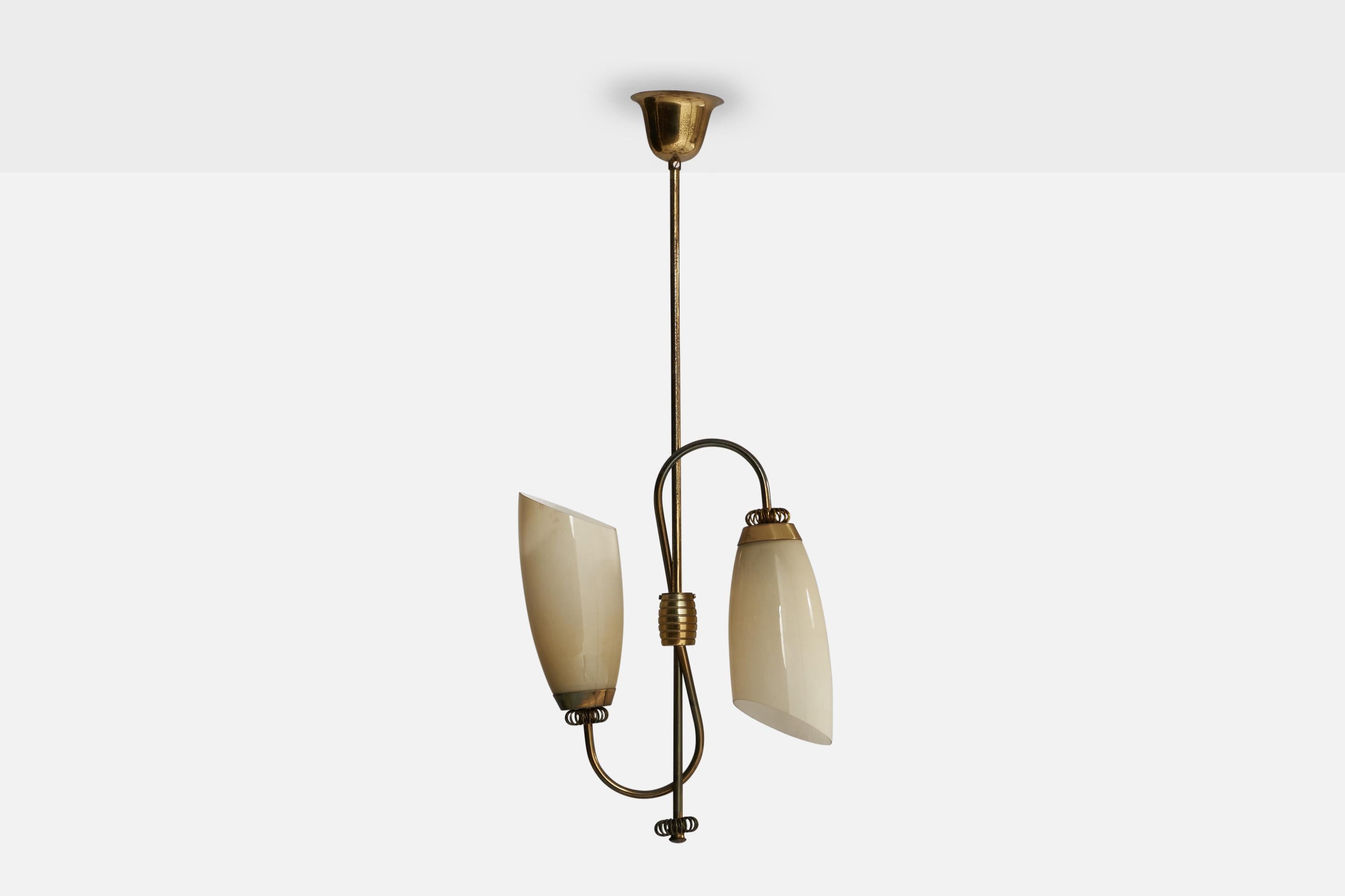 A brass and off-white opaline glass pendant light designed and produced in Finland, c. 1940s.

Dimensions of canopy (inches): 2.8” H x 3.82” Diameter
Socket takes standard E-26 bulbs. 2 sockets.There is no maximum wattage stated on the fixture. All