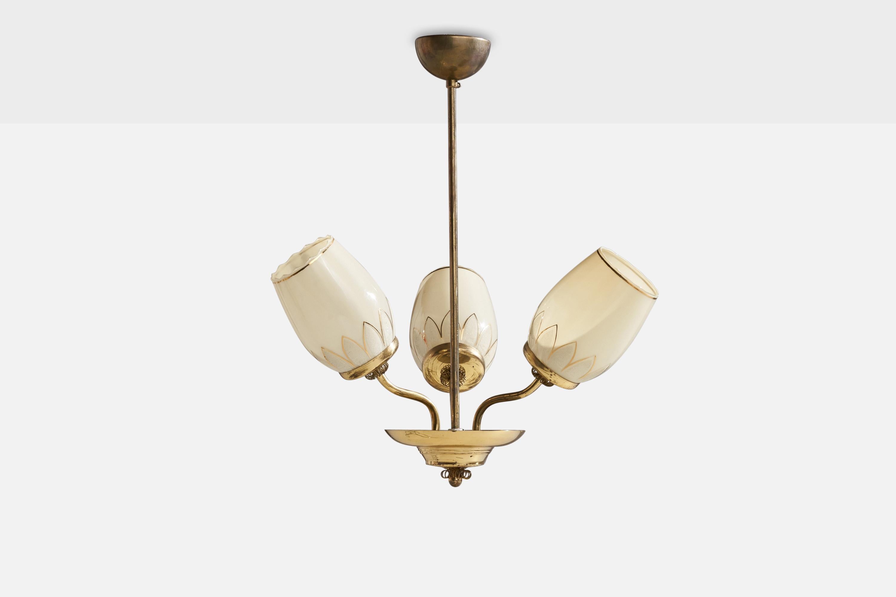 A brass and gilded opaline glass chandelier designed and produced in Finland, 1940s.

Dimensions of canopy (inches): 2” H x 3.5” Diameter
Socket takes standard E-26 bulbs. 3 socket.There is no maximum wattage stated on the fixture. All lighting will