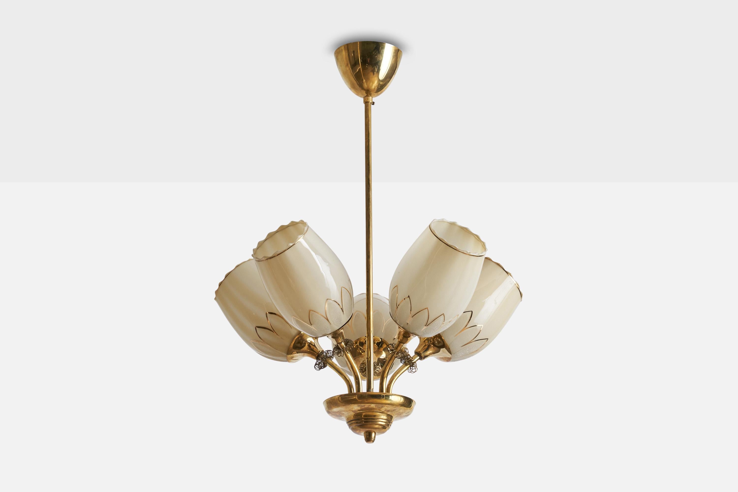 A brass and gilded opaline glass chandelier designed and produced in Finland, 1940s.

Dimensions of canopy (inches): 3” H x 4” Diameter
Socket takes standard E-26 bulbs. 4 sockets.There is no maximum wattage stated on the fixture. All lighting will
