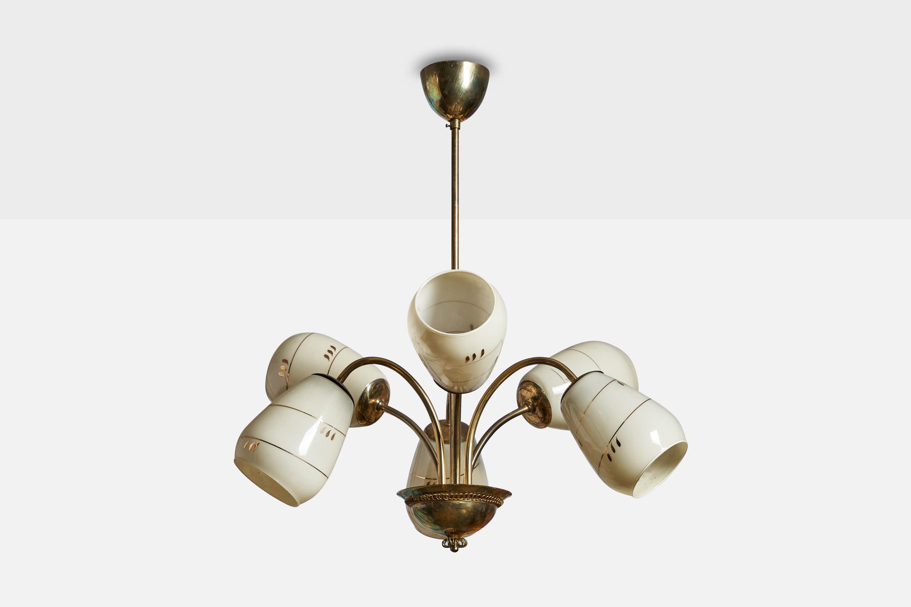 A brass and gilded opaline glass chandelier designed and produced in Finland, 1940s.

Dimensions of canopy (inches): 2.5”  H x 3.5”  Diameter
Socket takes standard E-26 bulbs. 6 sockets.There is no maximum wattage stated on the fixture. All lighting