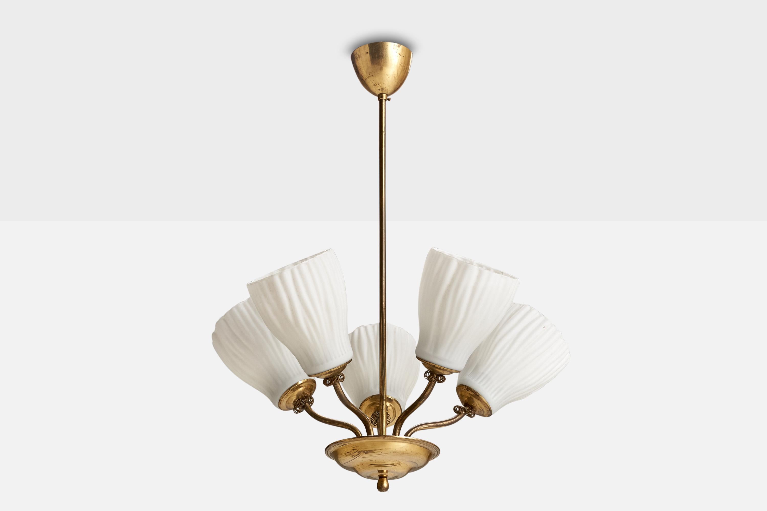 A brass and white opaline glass chandelier designed and produced in Finland, c. 1940s.

Overall Dimensions (inches): 27” H x 20.5 ” Diameter
Dimensions of Canopy:  3” H x 3.75