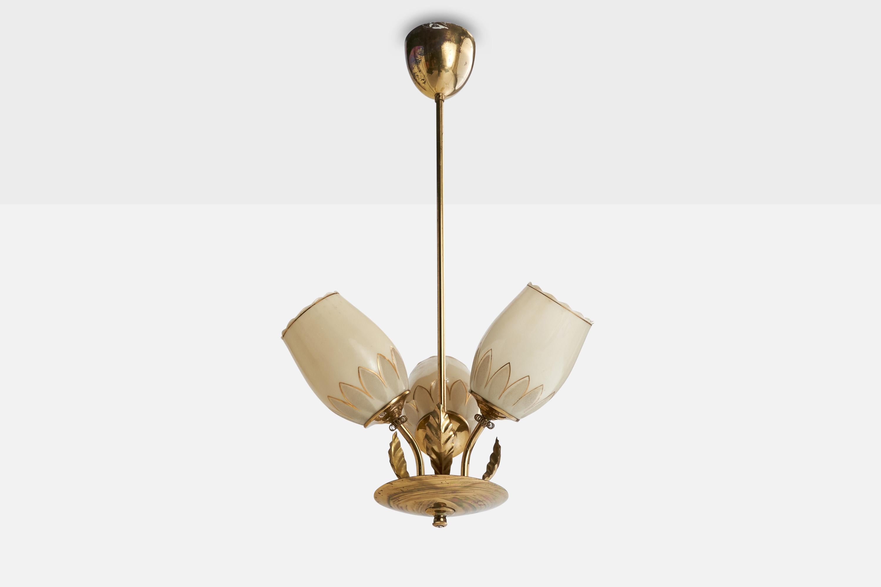 A brass and gilded opaline glass chandelier designed and produced in Finland, c. 1940s.

Overall Dimensions (inches): 28” H x  14” Diameter

Dimensions of Canopy:  3.25” H x 4” Diameter

Stem length: 22” H

Bulb Specifications: E-26  

Number of