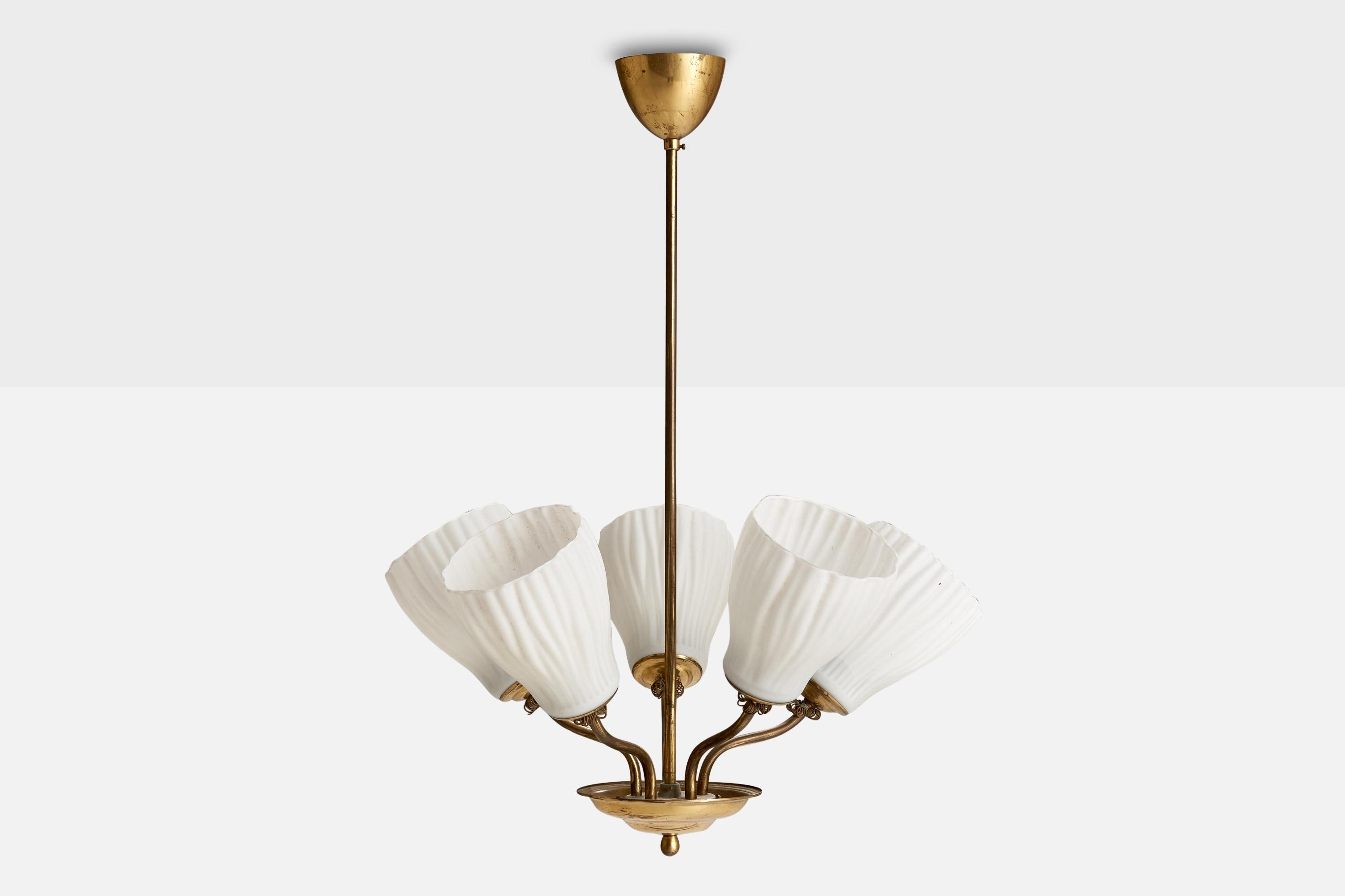 Scandinavian Modern Finnish Designer, Chandelier, Brass, Glass, Finland, 1940s For Sale