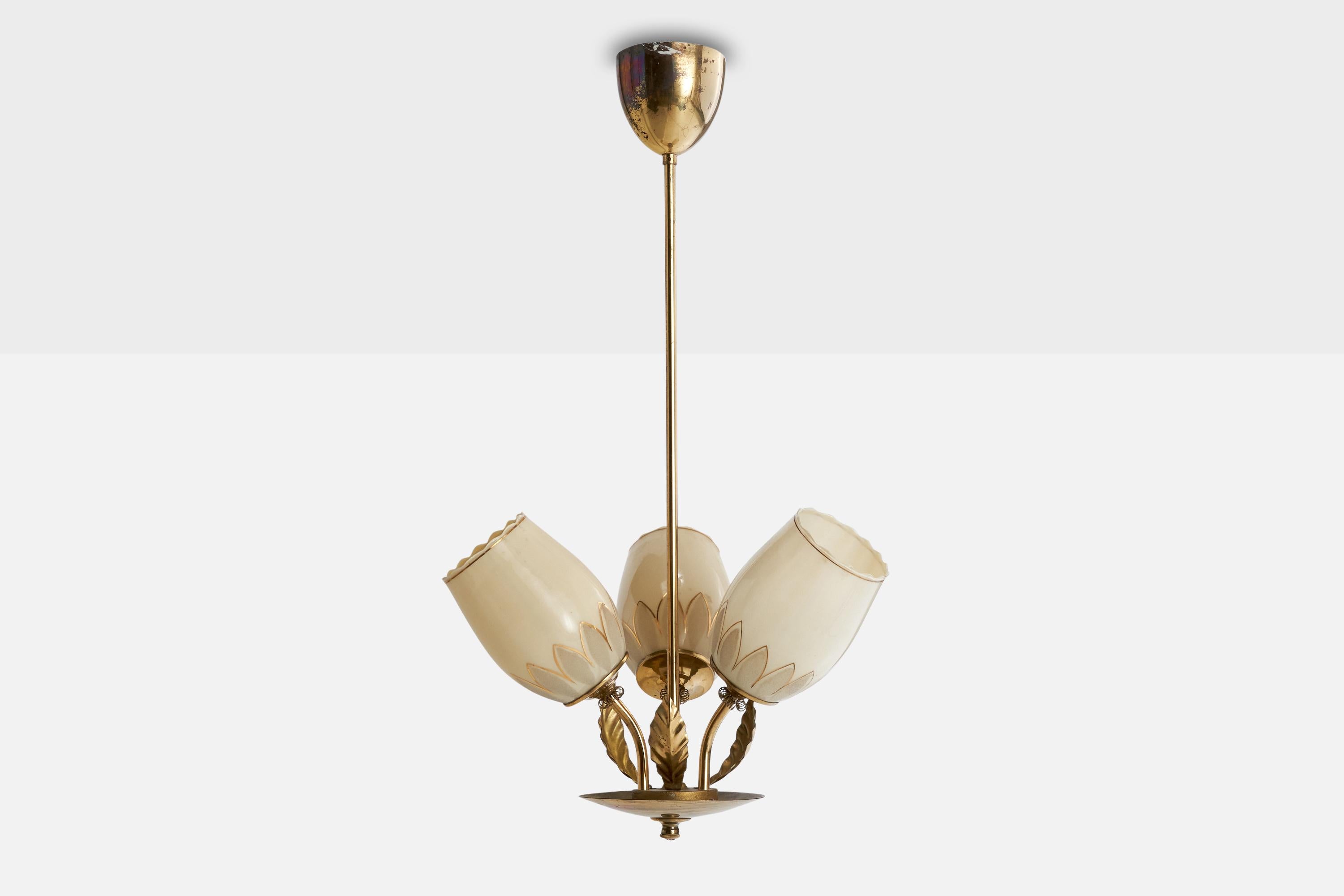 Scandinavian Modern Finnish Designer, Chandelier, Brass, Glass, Finland, 1940s For Sale