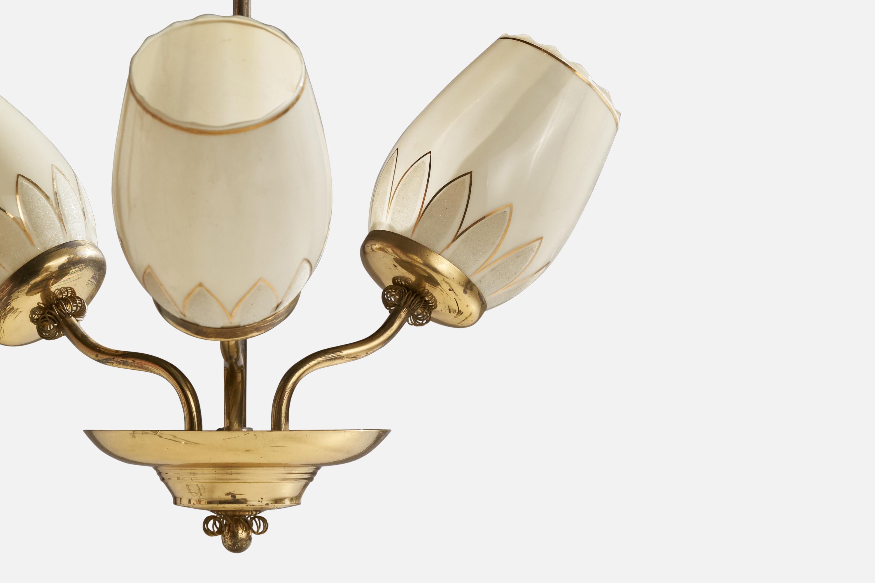 Finnish Designer, Chandelier, Brass, Glass, Finland, 1940s In Good Condition For Sale In High Point, NC