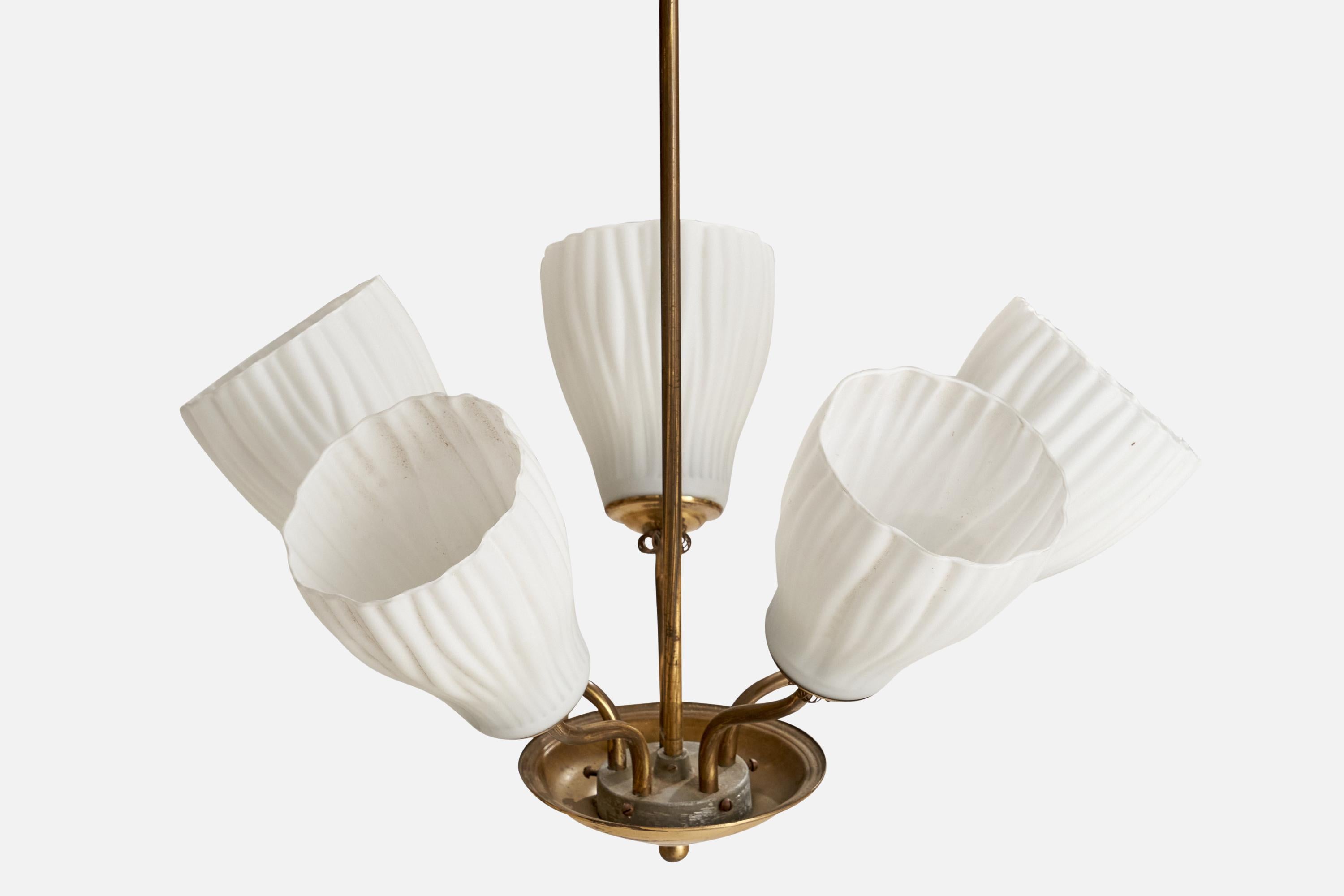 Finnish Designer, Chandelier, Brass, Glass, Finland, 1940s In Good Condition For Sale In High Point, NC