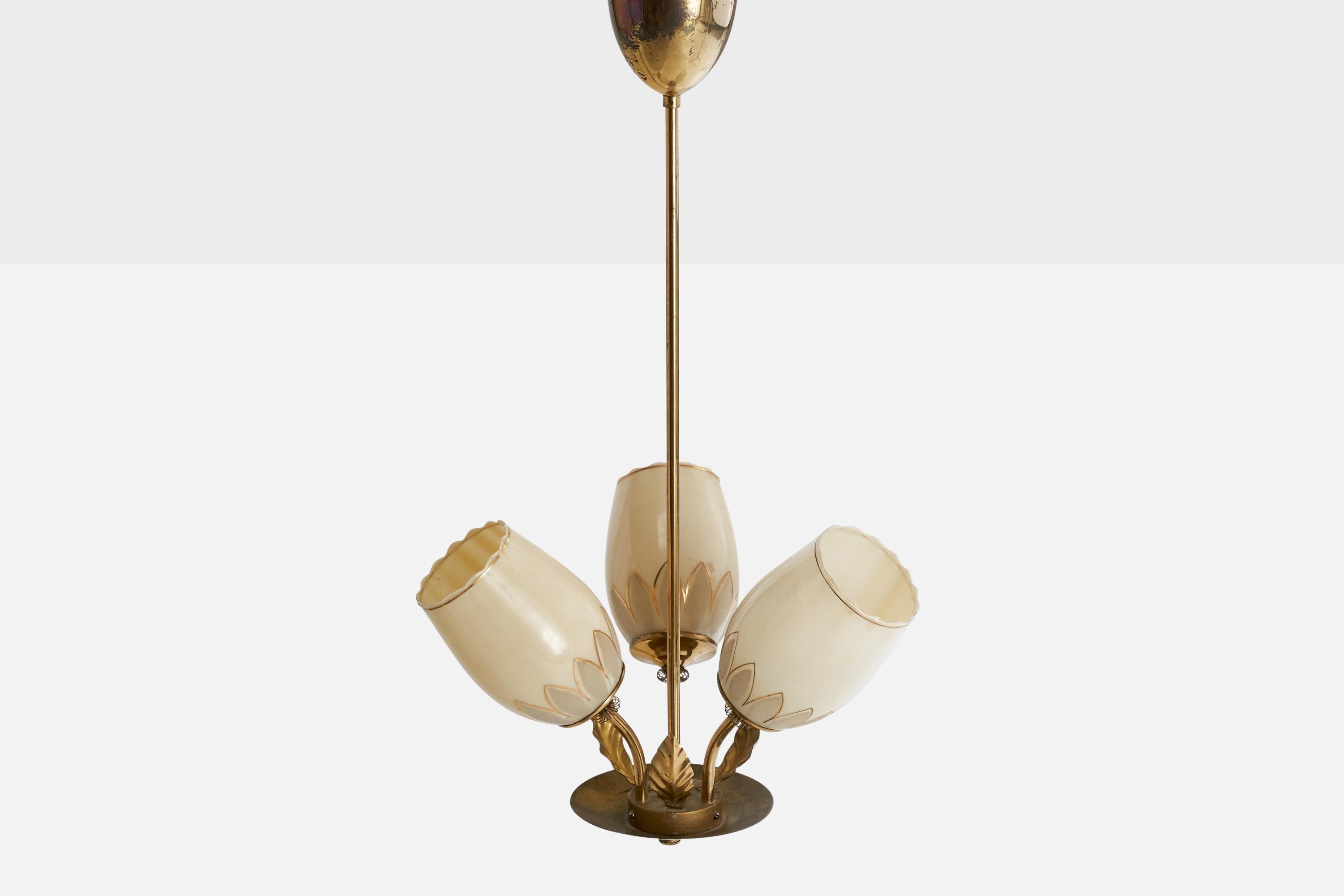 Finnish Designer, Chandelier, Brass, Glass, Finland, 1940s In Good Condition For Sale In High Point, NC