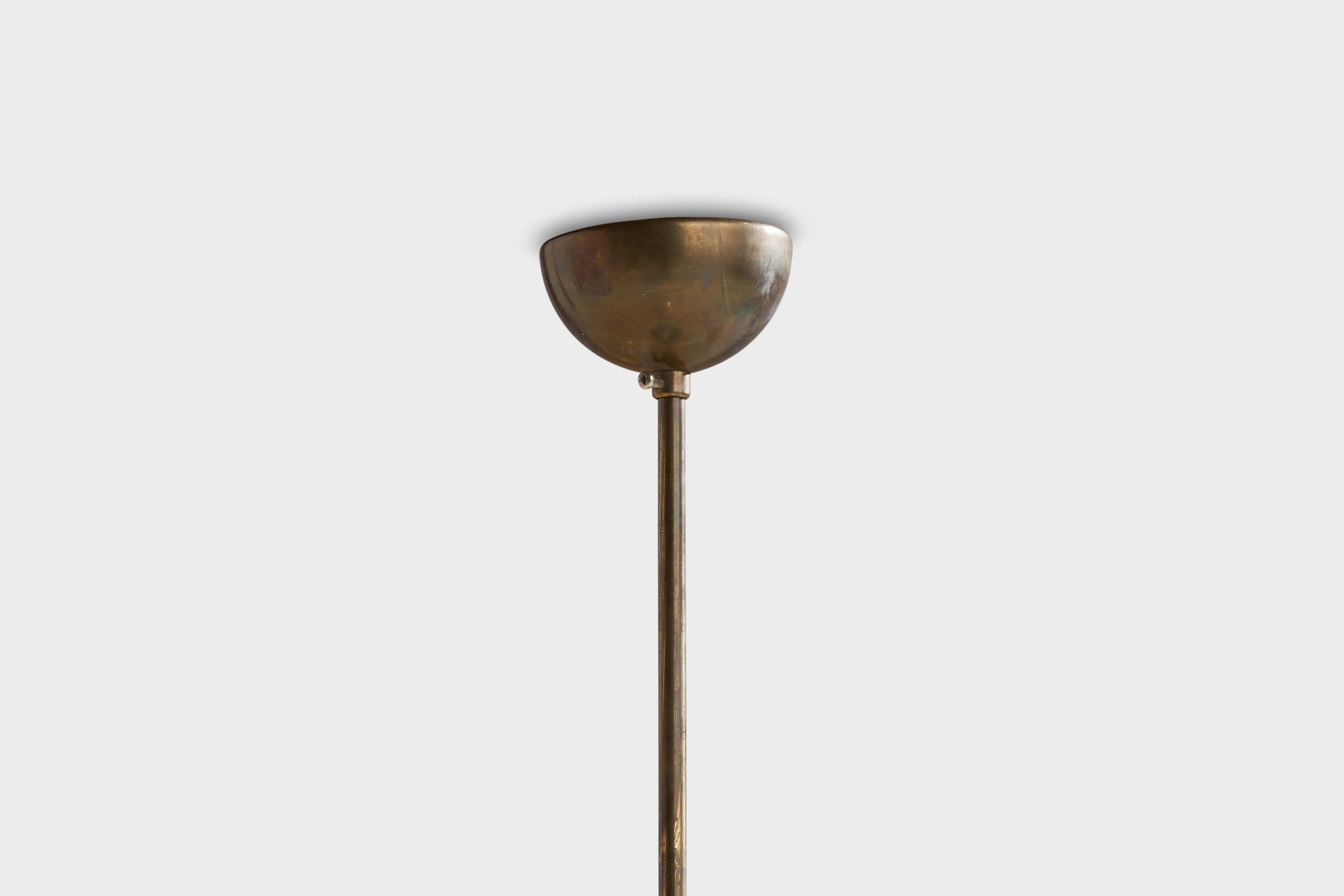 Mid-20th Century Finnish Designer, Chandelier, Brass, Glass, Finland, 1940s For Sale