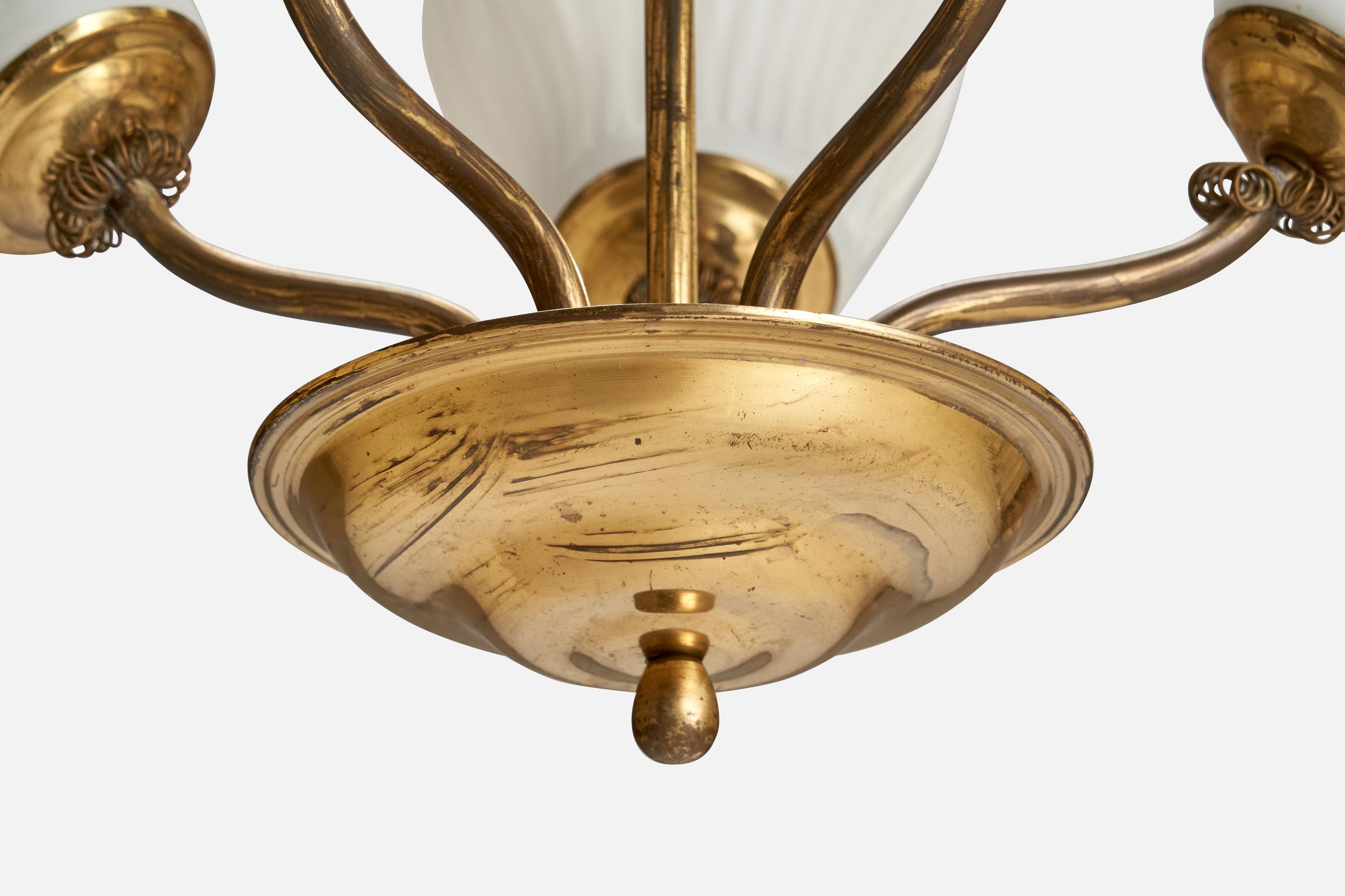 Finnish Designer, Chandelier, Brass, Glass, Finland, 1940s For Sale 3
