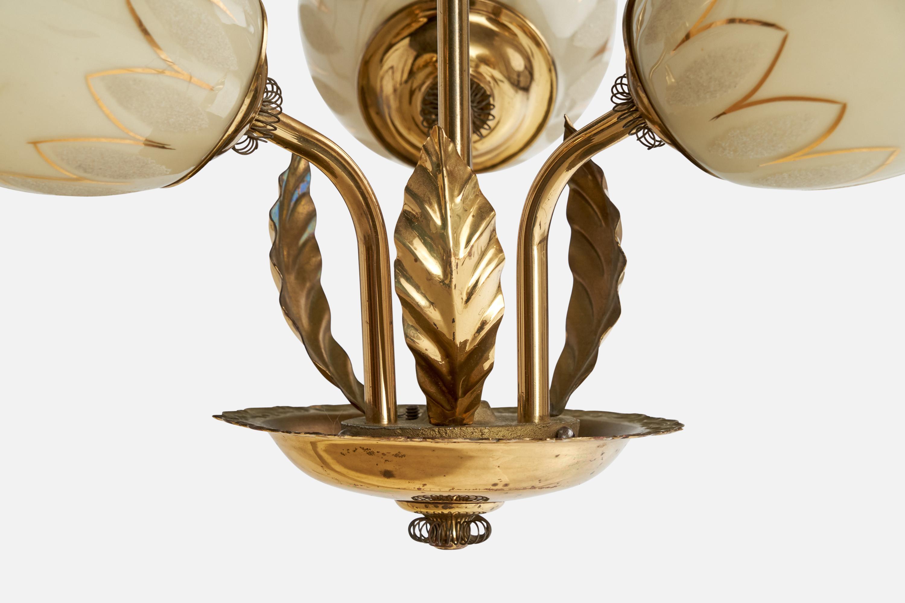 Finnischer Designer, Kronleuchter, Messing, Glas, Finnland, 1940er Jahre im Angebot 3