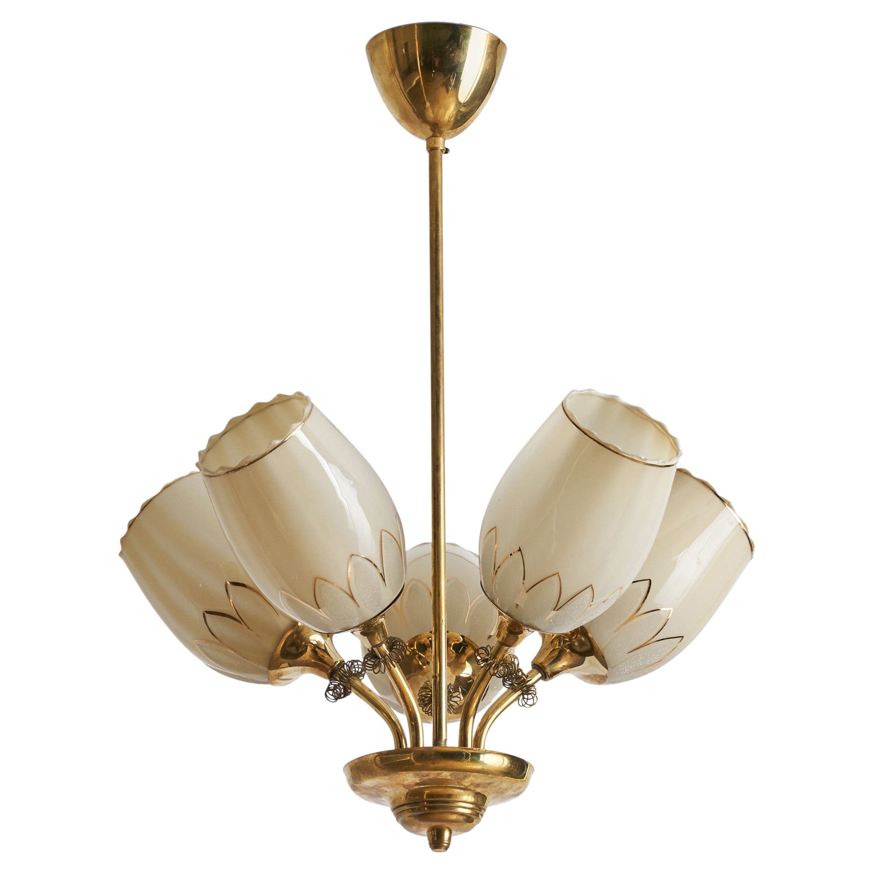 Designer finlandese, lampadario, ottone, vetro, Finlandia, anni '40