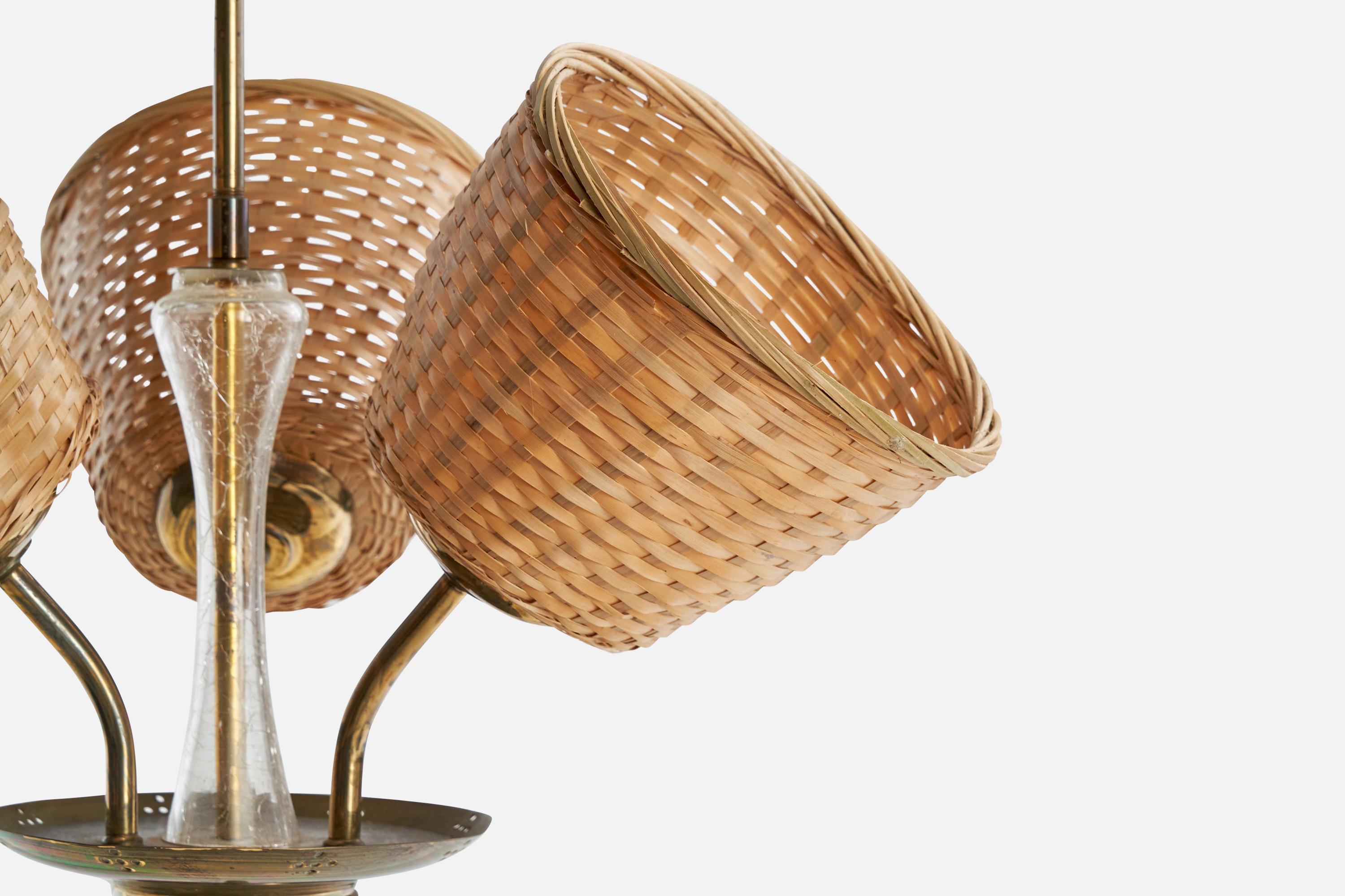 Designer finlandese, lampadario, ottone, vetro, rattan, Finlandia, anni '40 in vendita 3