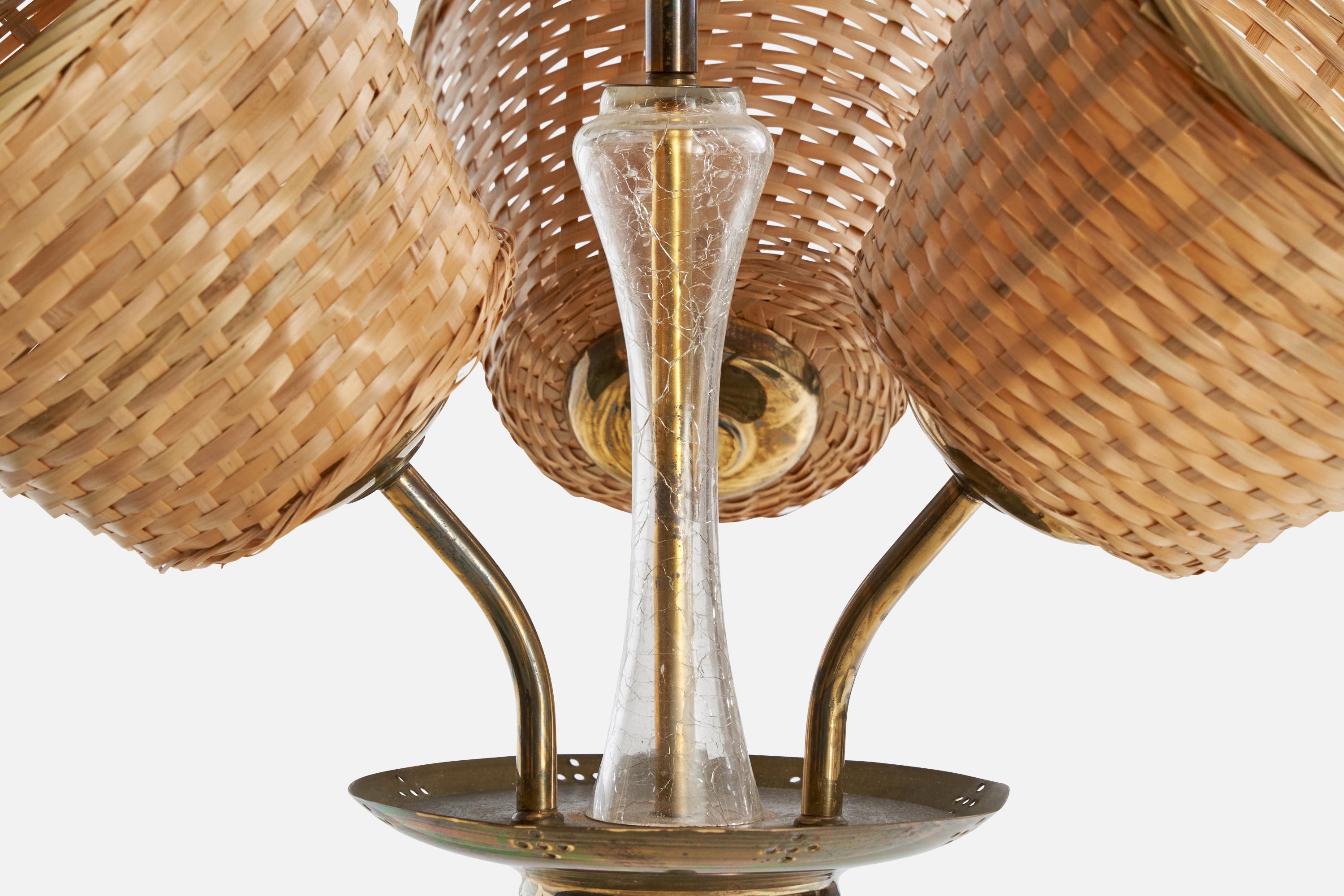 Designer finlandese, lampadario, ottone, vetro, rattan, Finlandia, anni '40 in vendita 4