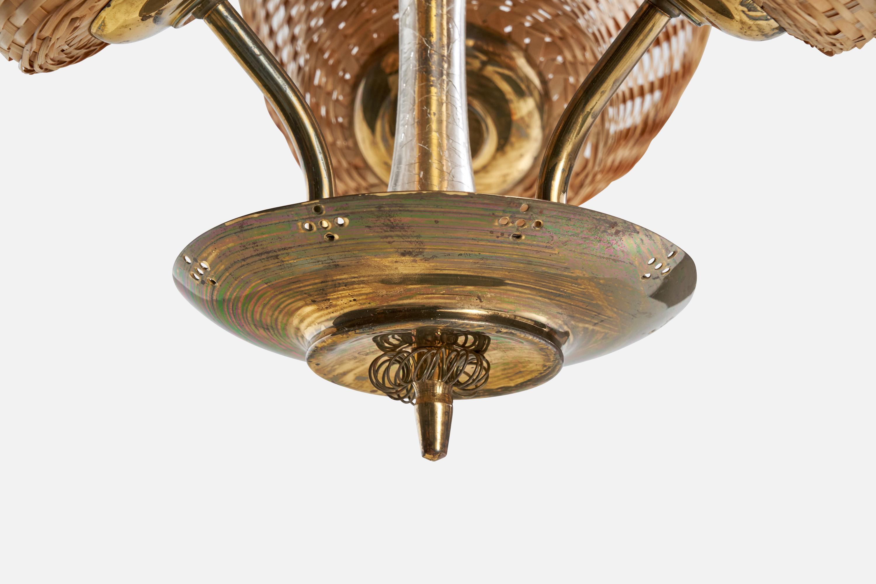 Designer finlandese, lampadario, ottone, vetro, rattan, Finlandia, anni '40 in vendita 2