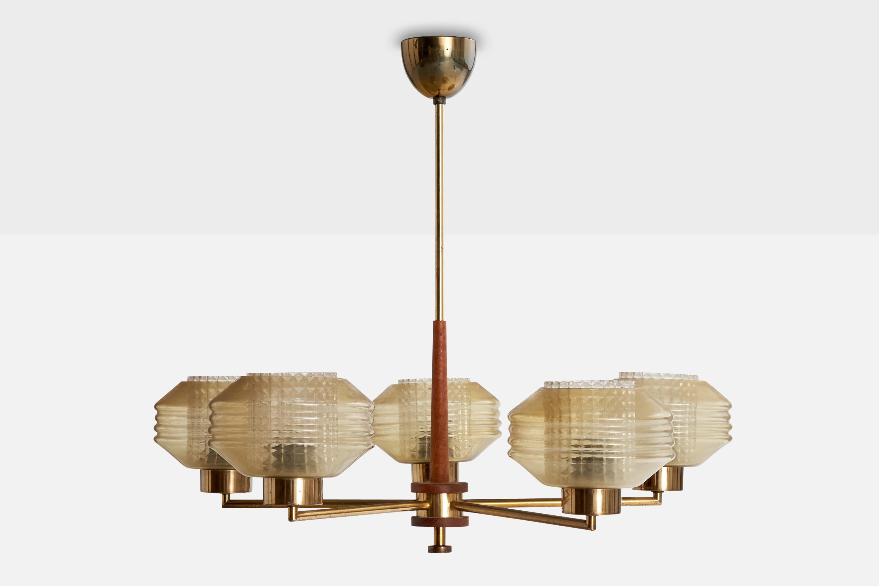 Mid-Century Modern Finnish Designer, Chandelier, Brass, Glass, Teak, Finland, 1950s For Sale
