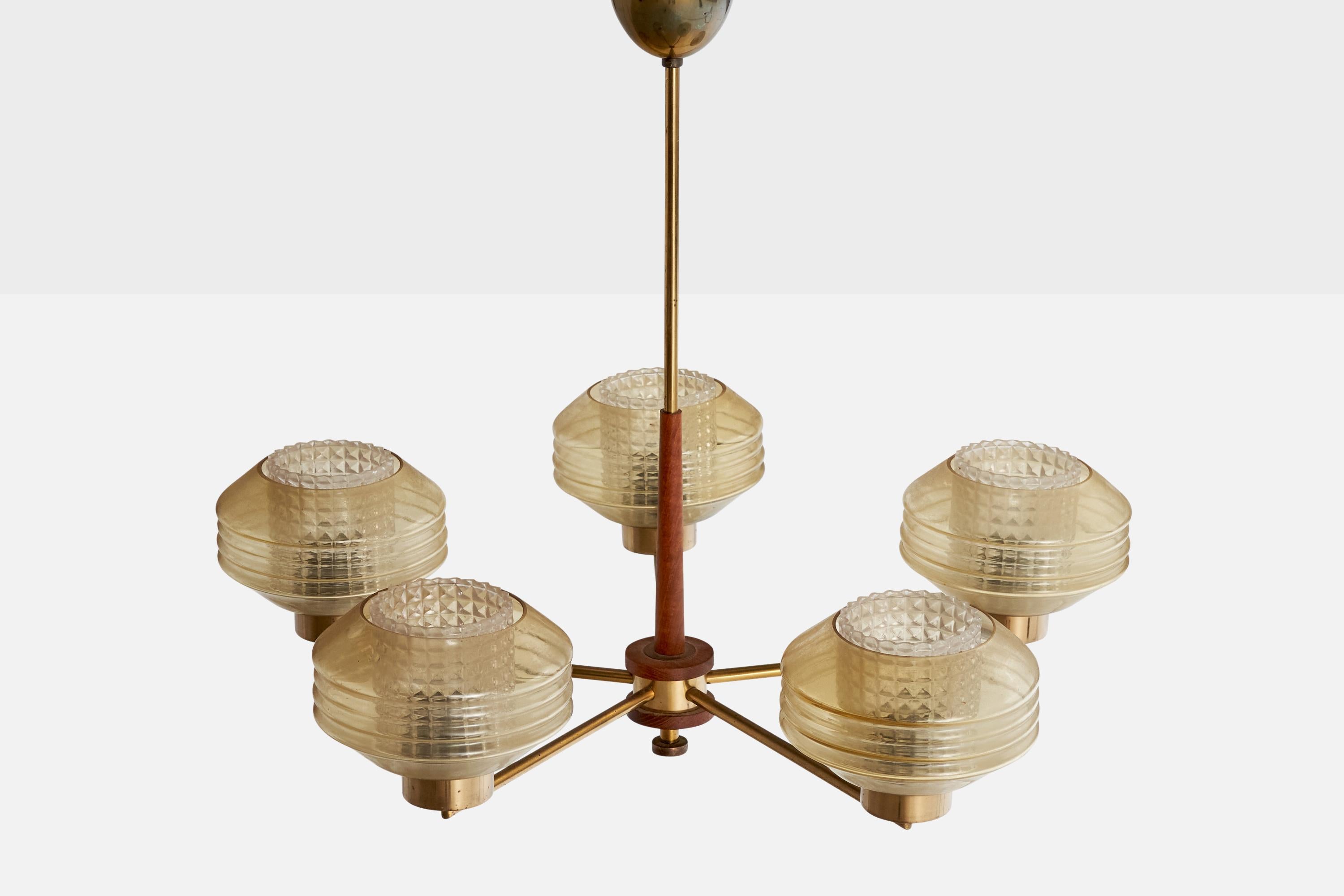 Finnish Designer, Chandelier, Brass, Glass, Teak, Finland, 1950s In Good Condition For Sale In High Point, NC