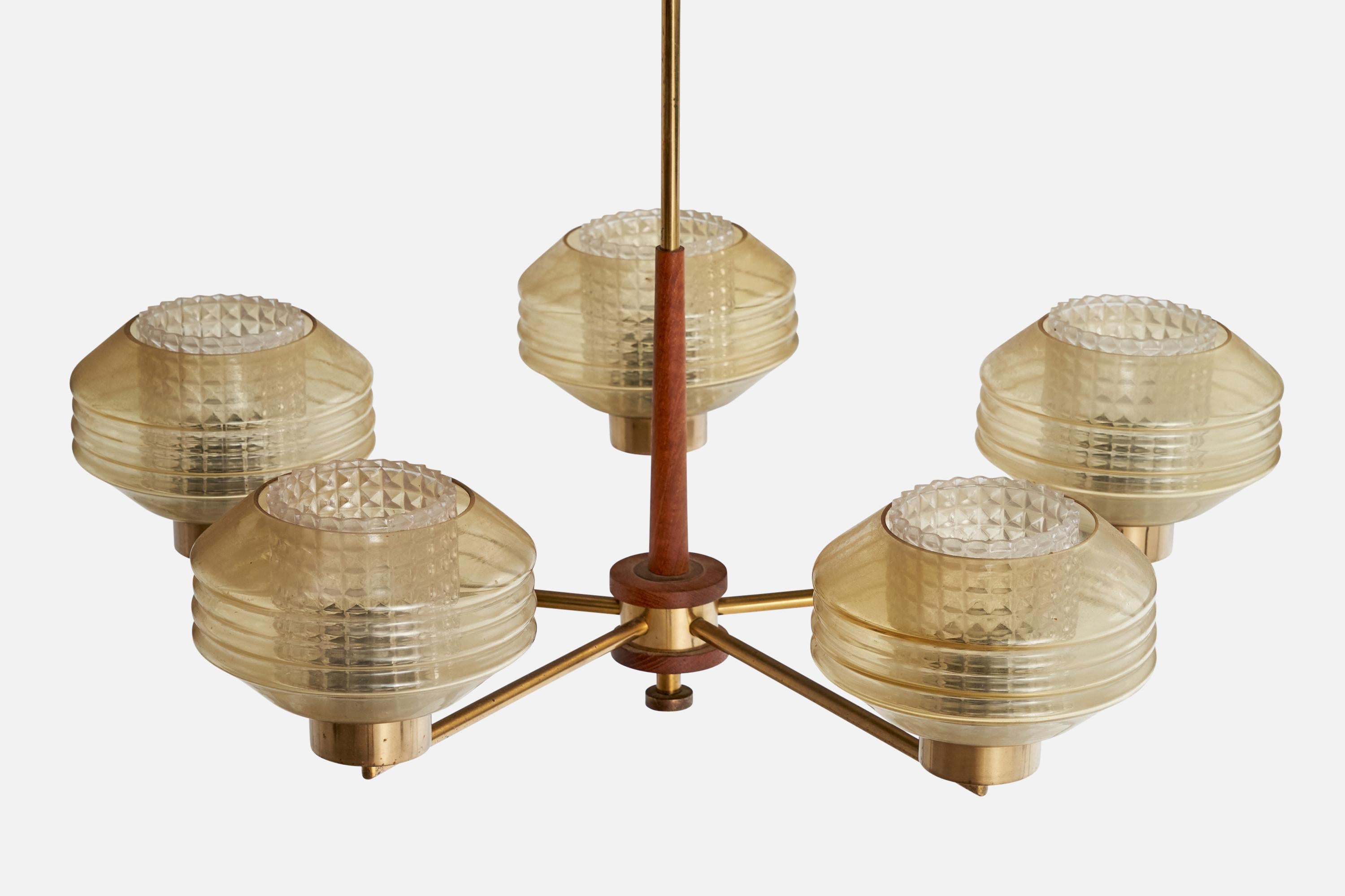 Mid-20th Century Finnish Designer, Chandelier, Brass, Glass, Teak, Finland, 1950s For Sale