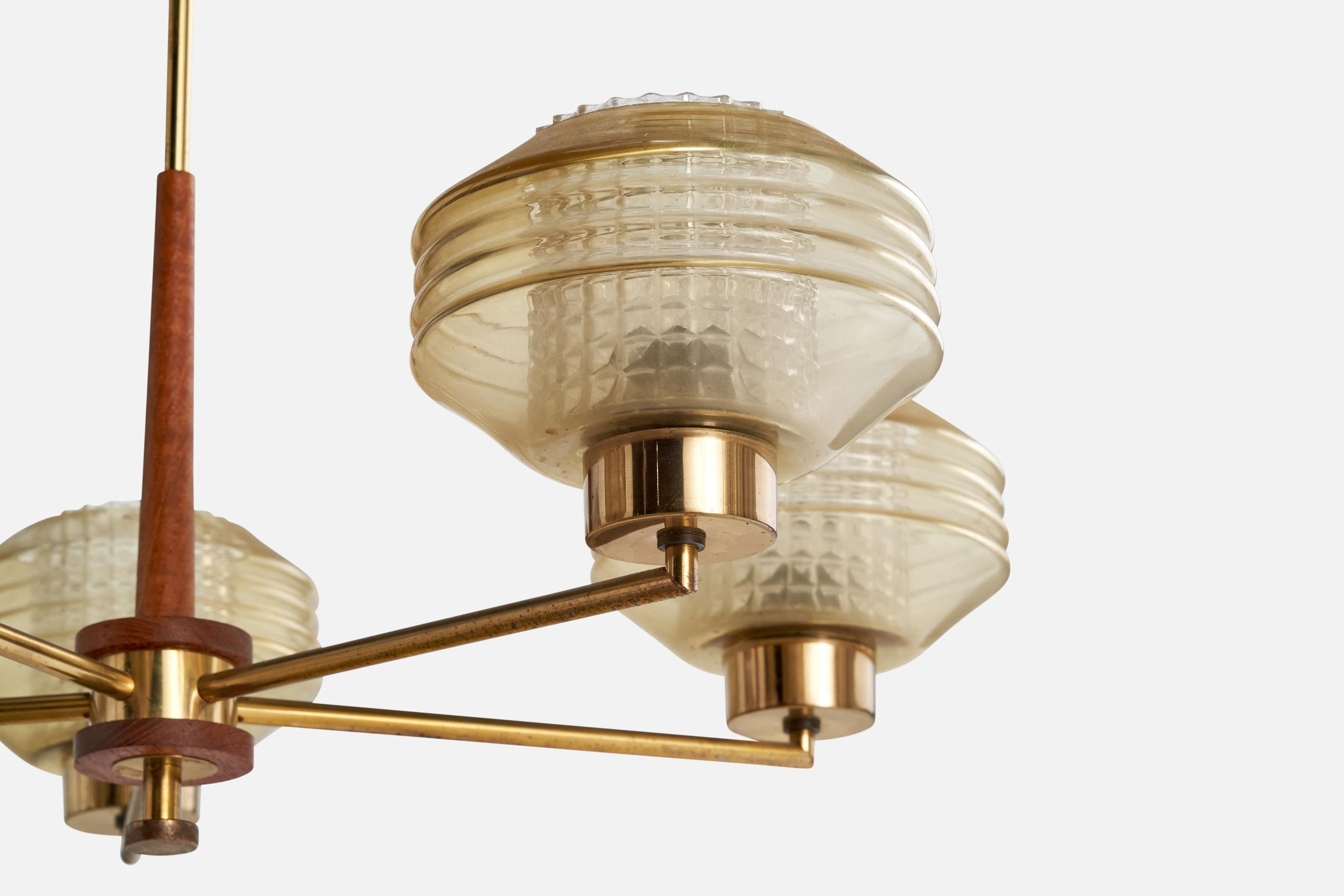 Finnish Designer, Chandelier, Brass, Glass, Teak, Finland, 1950s For Sale 2