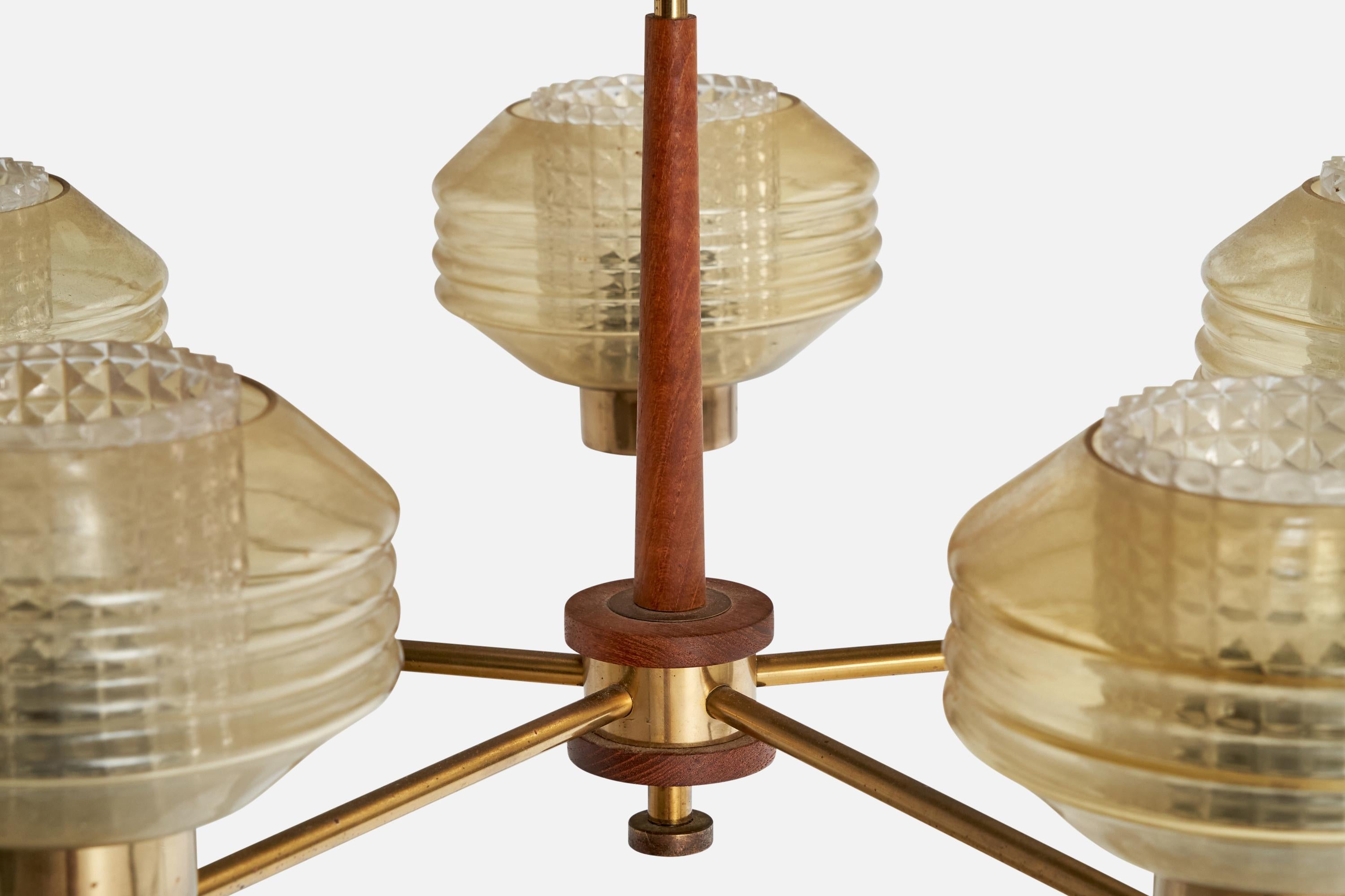 Finnish Designer, Chandelier, Brass, Glass, Teak, Finland, 1950s For Sale 4
